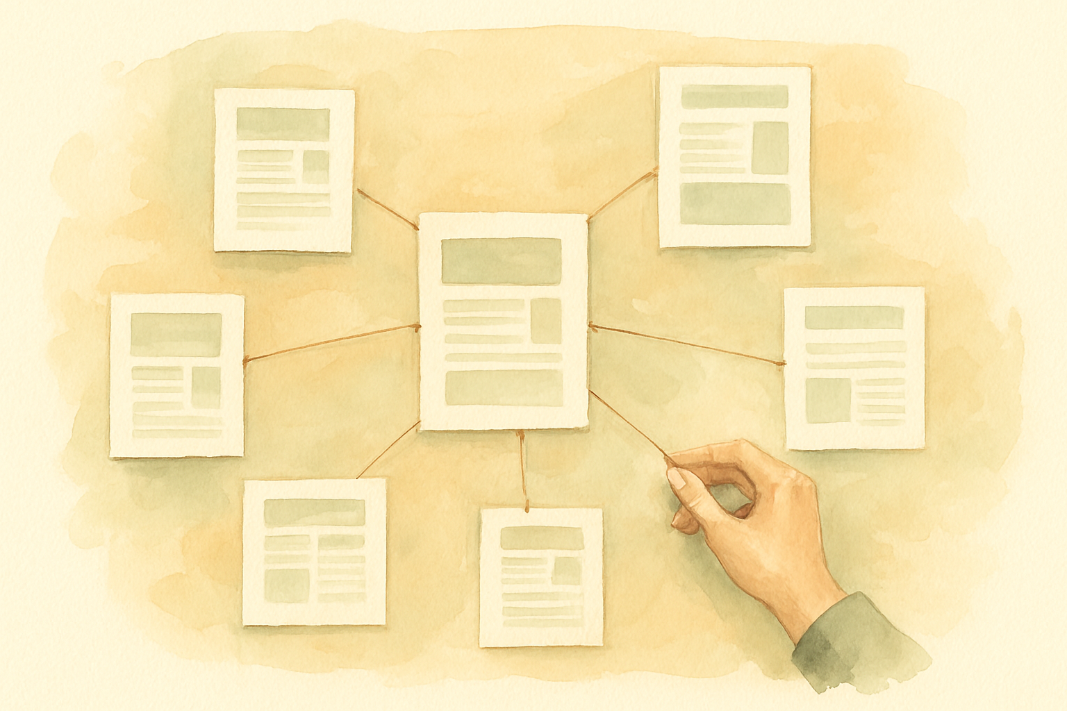An overhead shot of a large desk with printed page mockups arranged in a hub-and-spoke pattern, connected by string, with a hand adjusting one of the outer pages