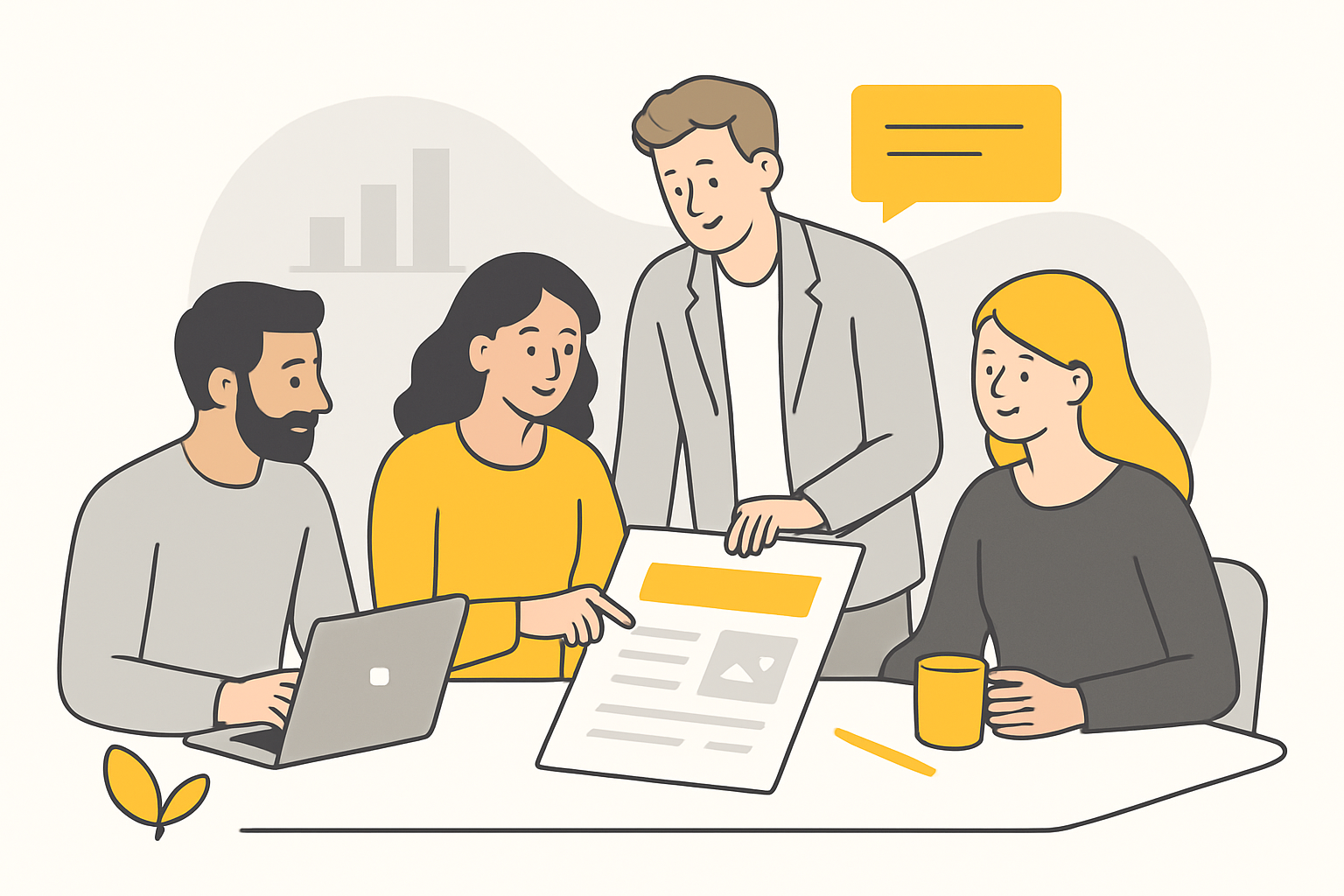 a mixed group of people from product, marketing, and leadership roles gathered around a shared table reviewing a content plan