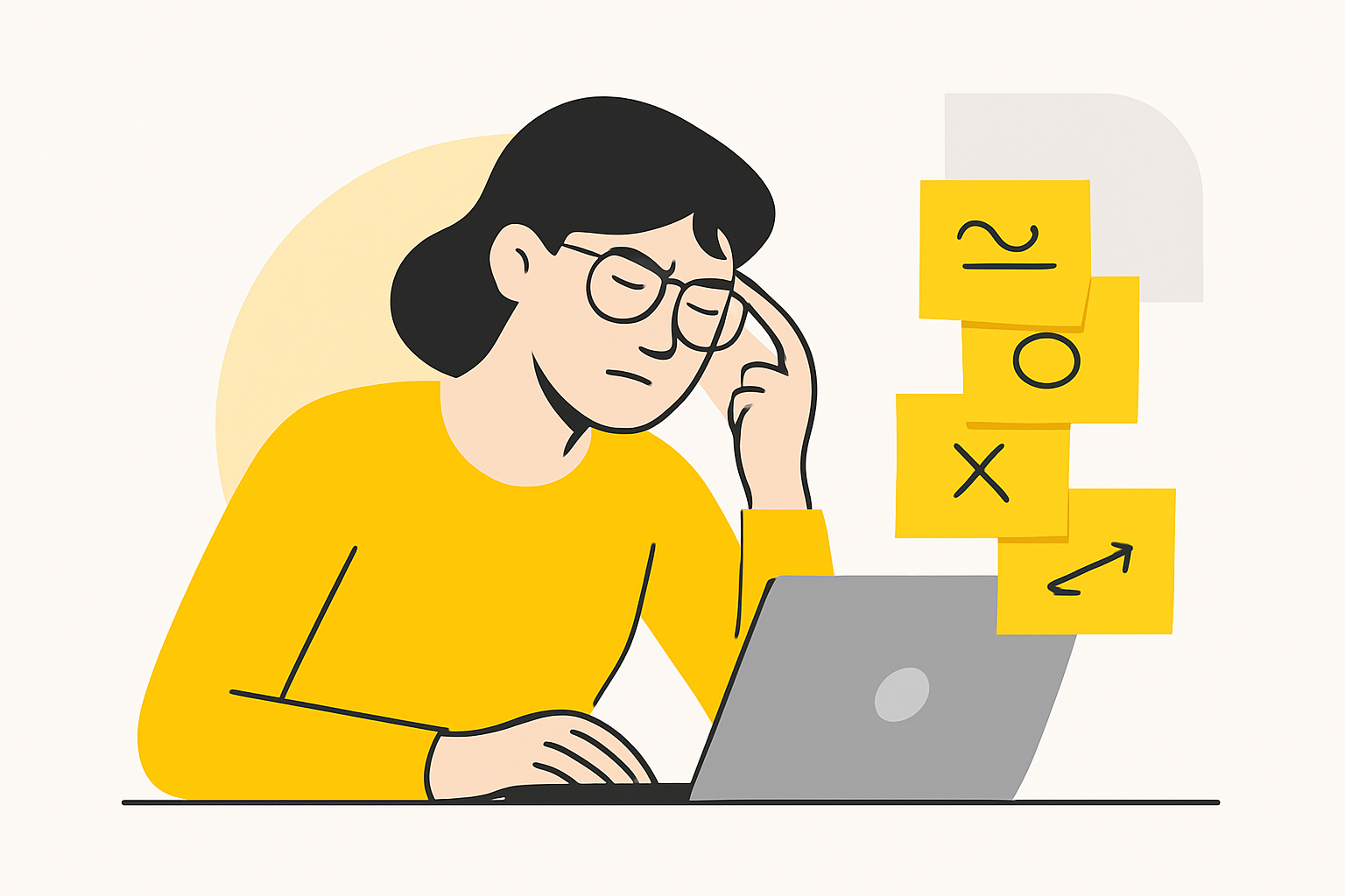 A technical writer squinting at a laptop screen beside a stack of sticky notes marked with correction symbols