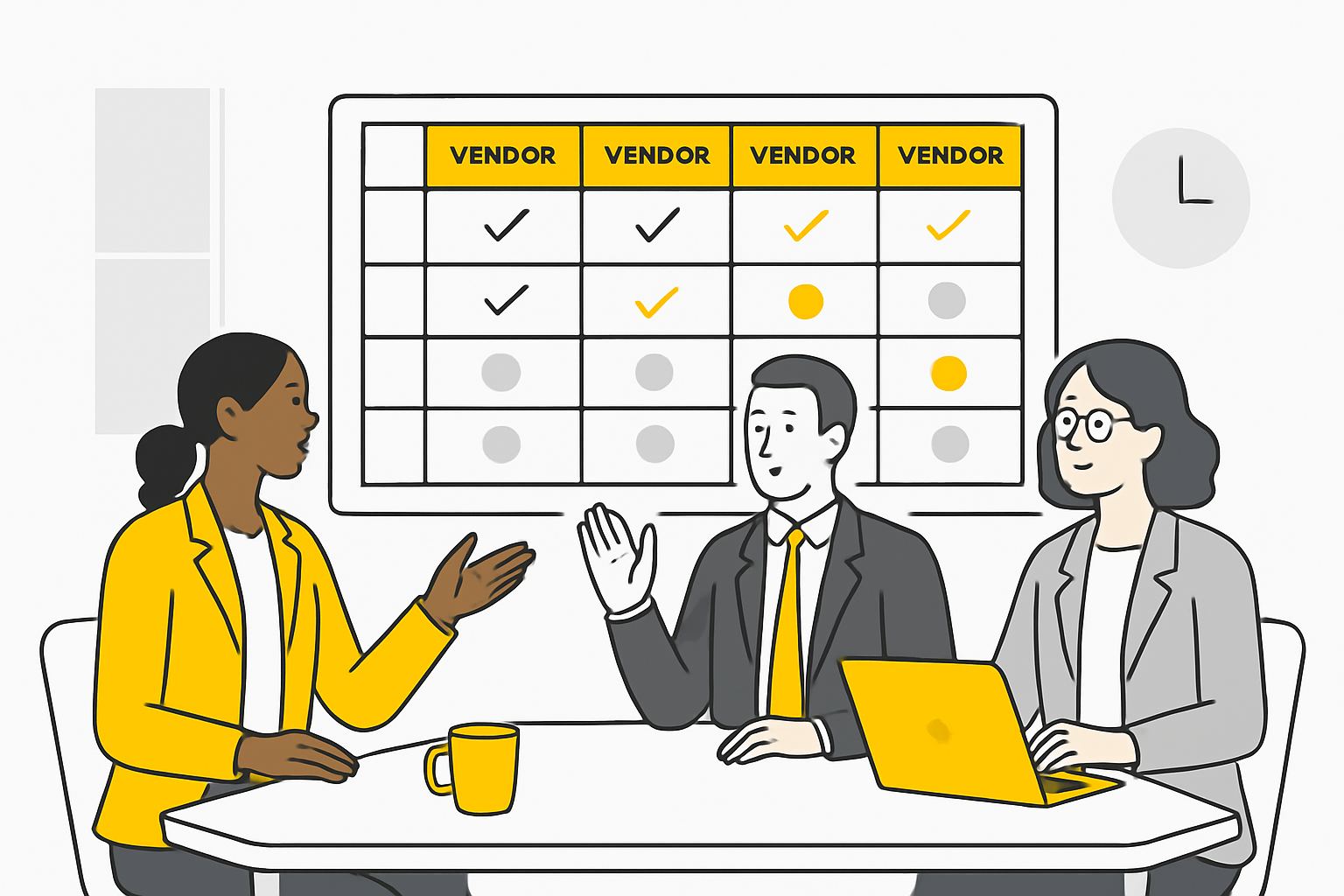 A conference room with procurement, legal, and marketing leads debating vendor scorecards on a whiteboard