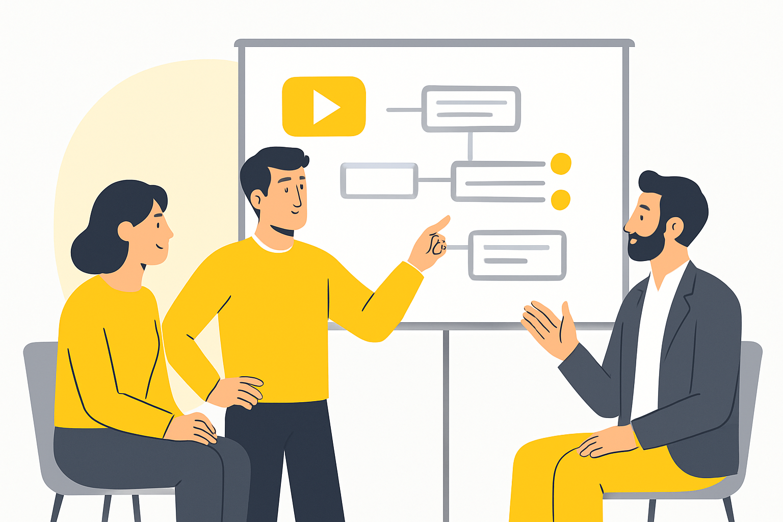 A founder in a casual meeting with a CMO and a product lead, debating a content roadmap on a whiteboard