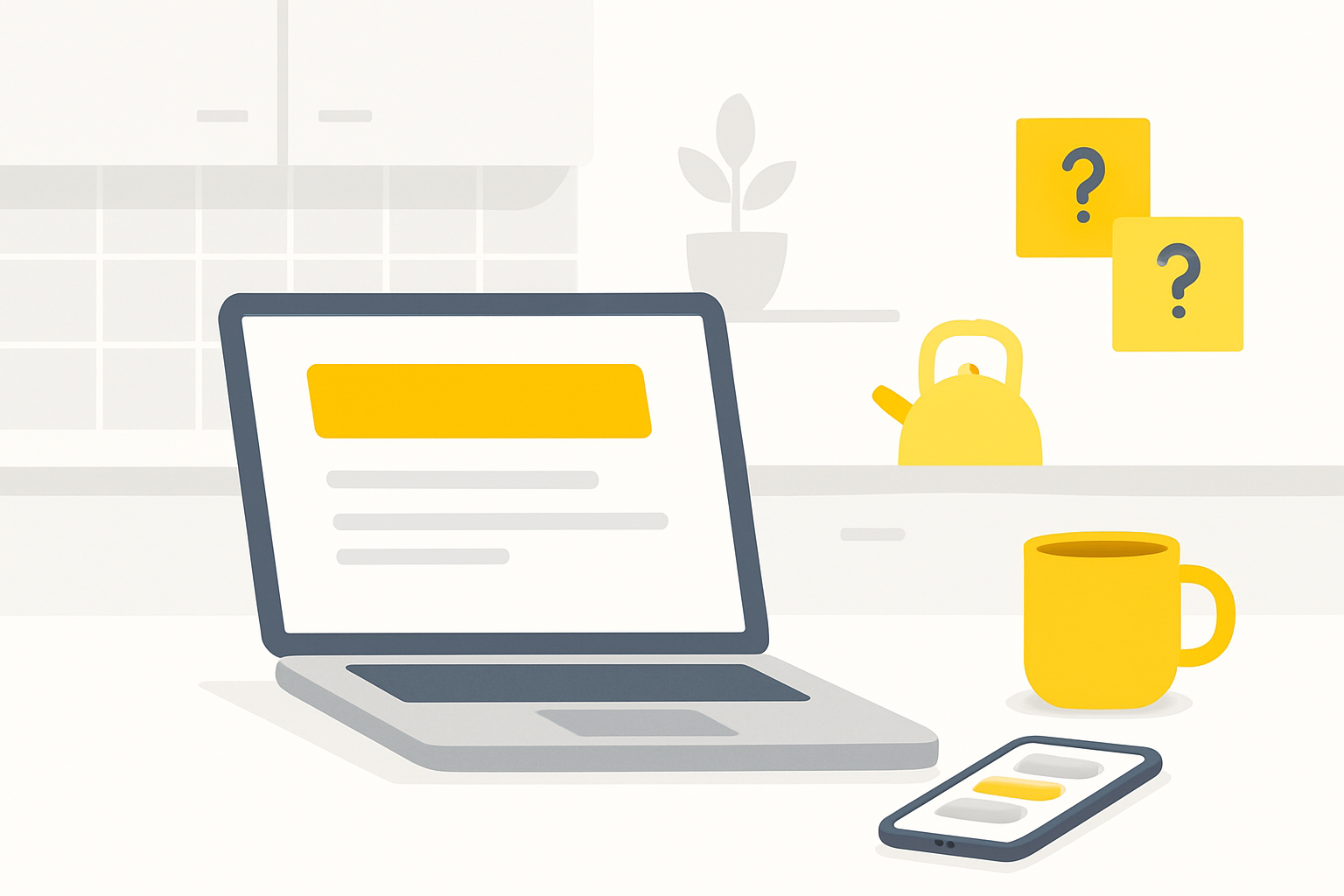 An open laptop on a kitchen counter showing a half-finished article draft next to a phone displaying a chat conversation, with a coffee cup and a set of sticky notes labeled with buyer questions
