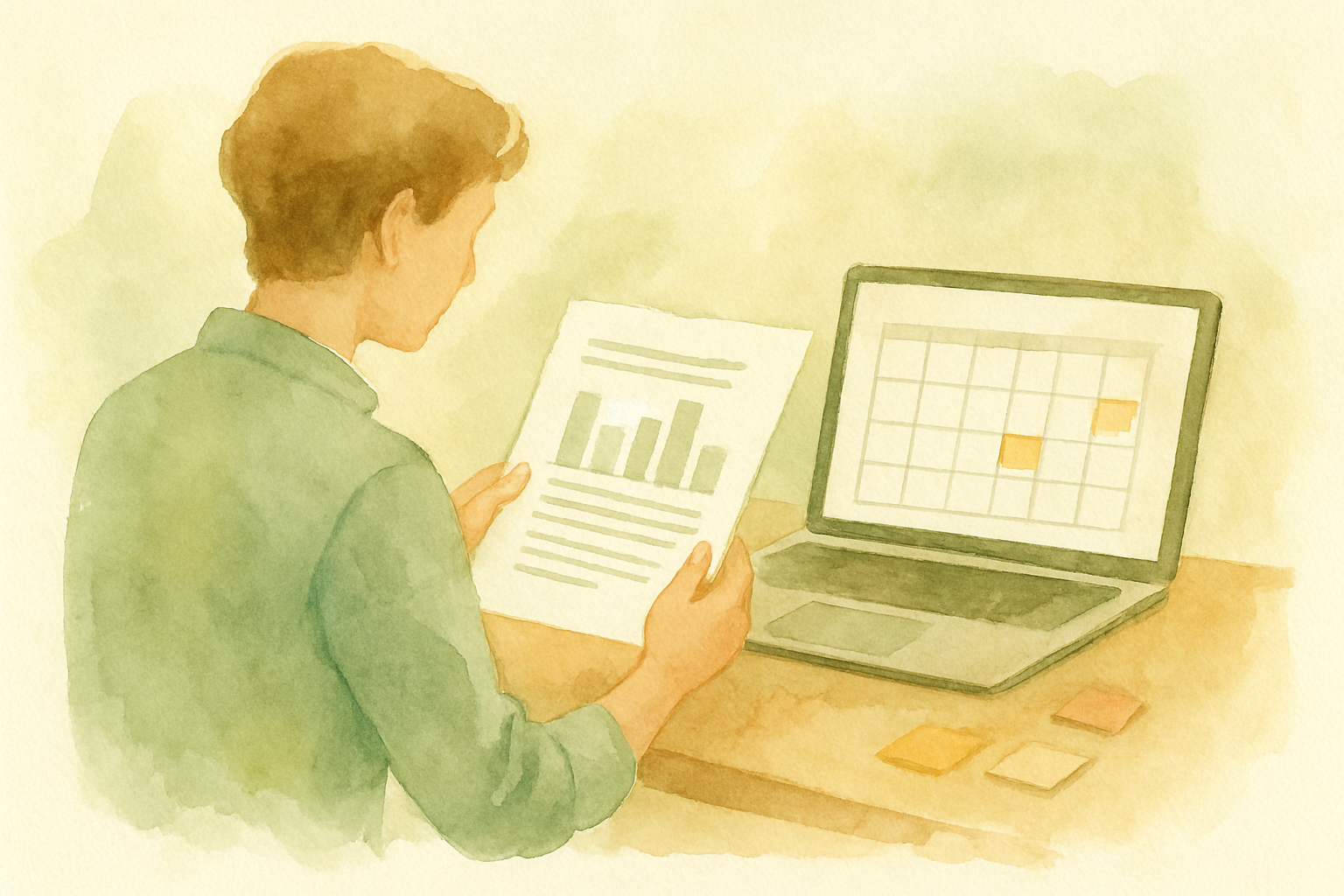 A person at a desk reviewing a printed report next to a laptop showing a simple calendar grid, with sticky flags marking specific dates