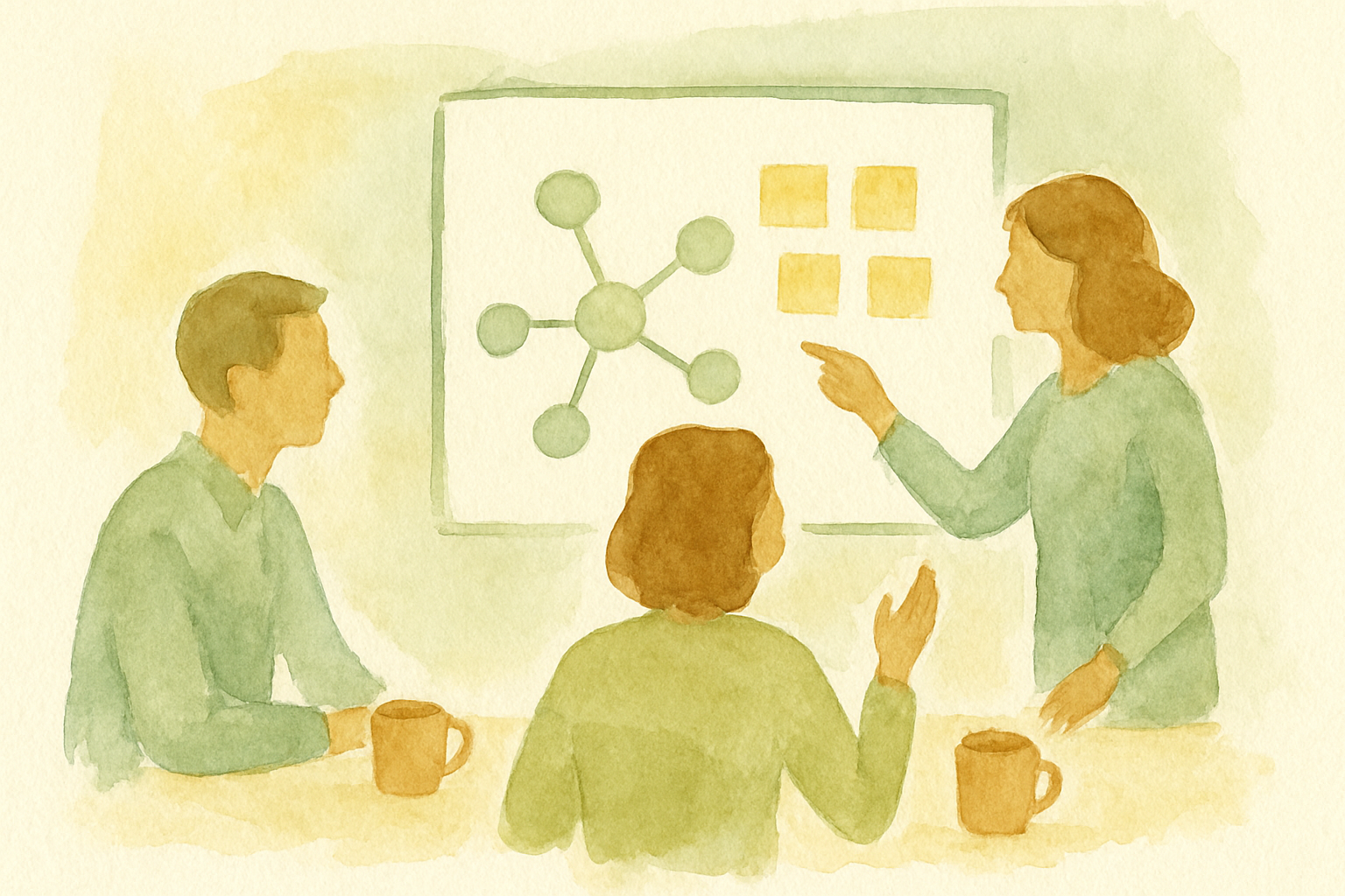A small content team gathered around a whiteboard sketched with a hub-and-spoke diagram, coffee cups nearby, one person pointing at a cluster of sticky notes