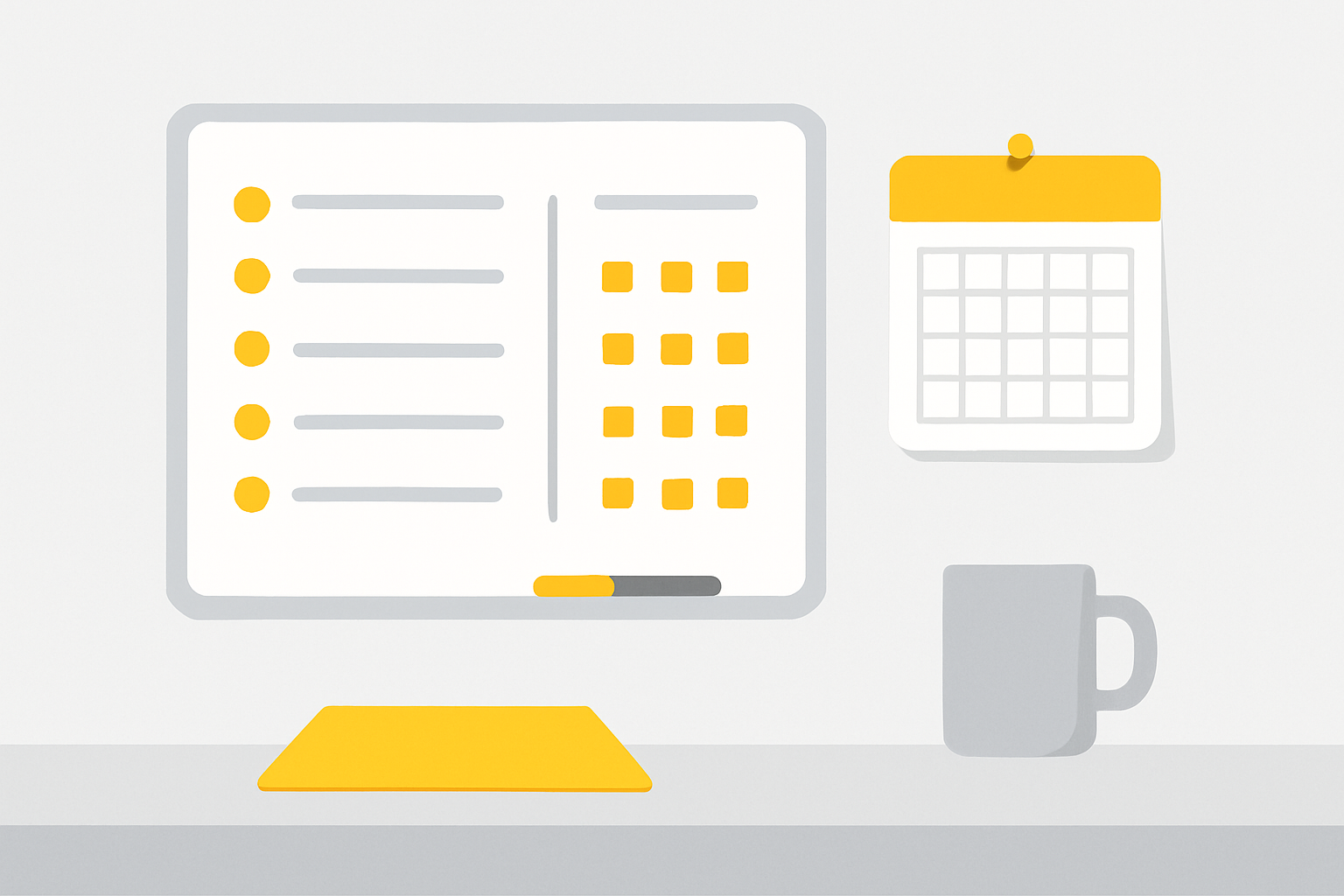 A small whiteboard on an office wall listing buyer questions in one column and publish dates in another, with a calendar pinned beside it and a marker resting on the ledge