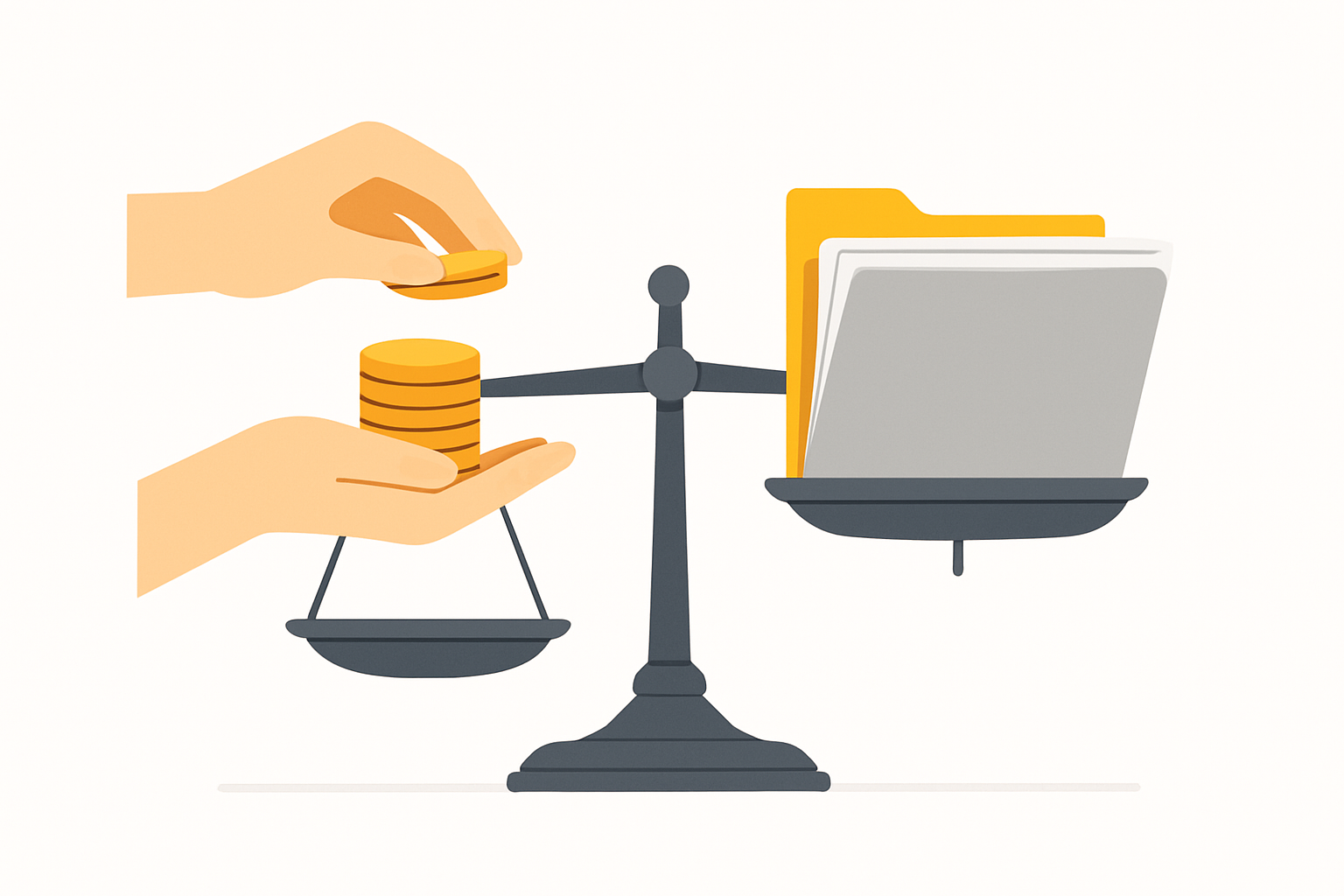 A pair of hands balancing a small stack of coins against a thick folder of research documents on an old-fashioned scale