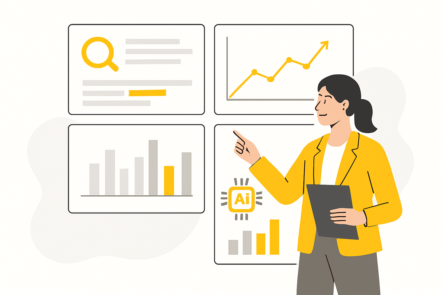 A marketing analyst pointing to a wall of monitors showing search rankings and AI citation metrics side by side