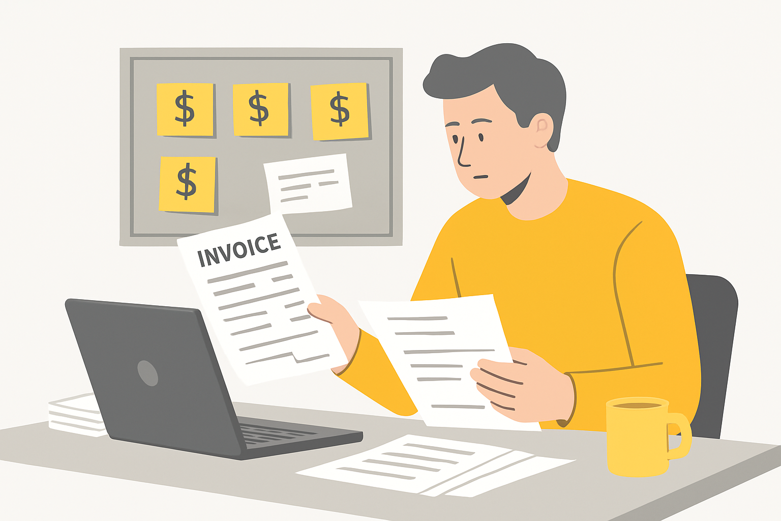 A small business owner at a cluttered desk comparing printed invoices against a laptop screen, sticky notes with dollar figures covering a corkboard behind them