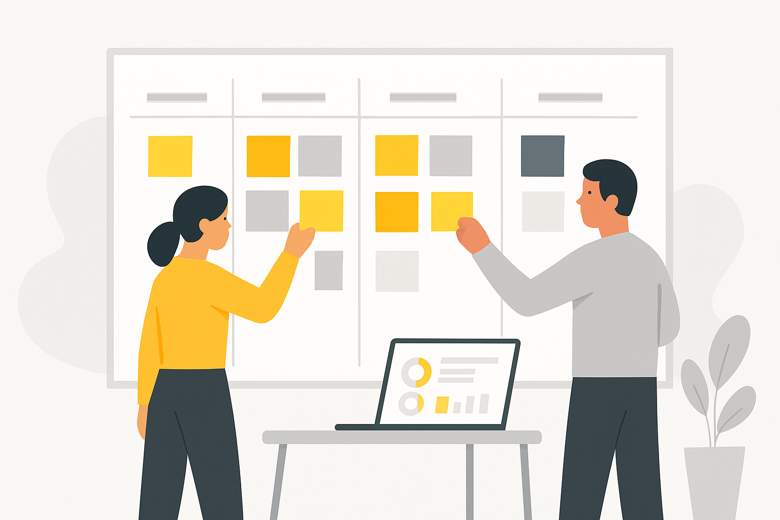 A whiteboard wall covered in color-coded index cards moving across labeled columns, two people repositioning cards while a laptop on a nearby desk shows a dashboard