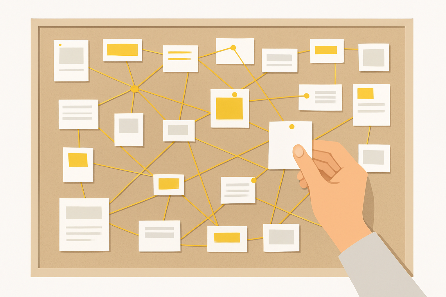An overhead view of a large corkboard covered in string connecting dozens of article title cards into cluster groups, a hand pinning a new card into place