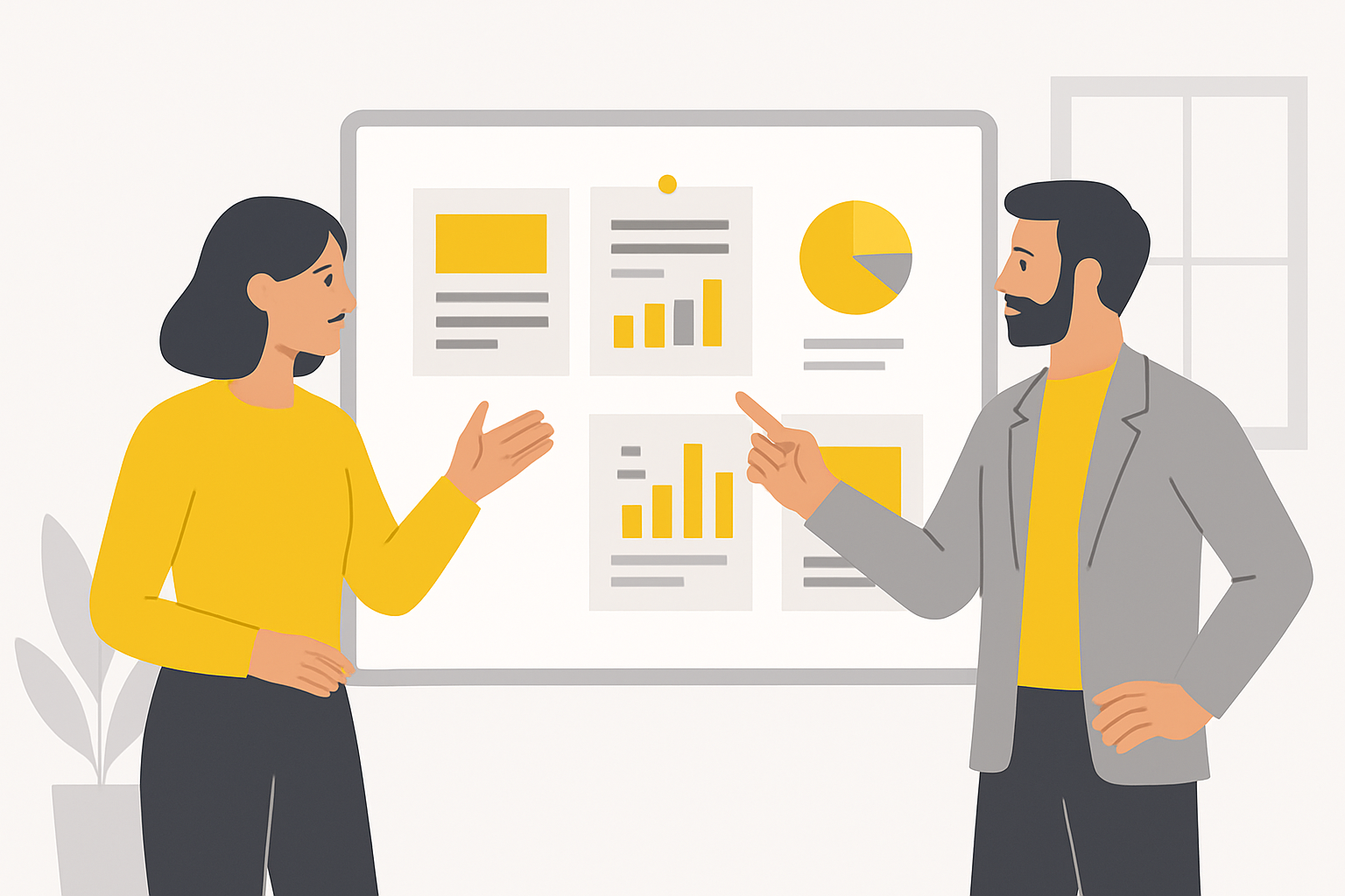 A startup founder and a SaaS product manager debating vendor printouts on a whiteboard in a bright room.