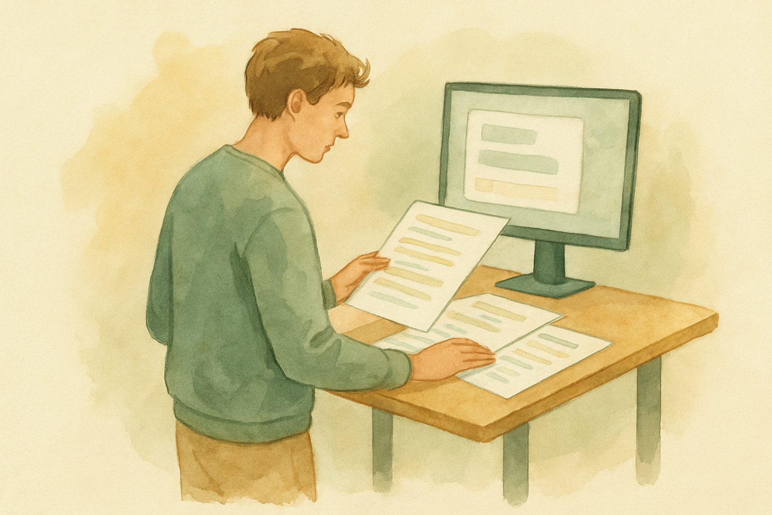 A person at a standing desk reviewing printed pages covered in highlighted questions, with a second monitor showing a chat-style interface in the background