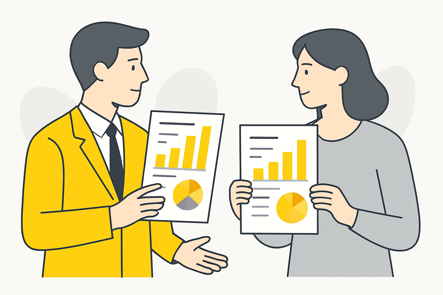 a marketing manager and an analyst comparing before-and-after printouts of the same article, one dated years ago and one freshly revised