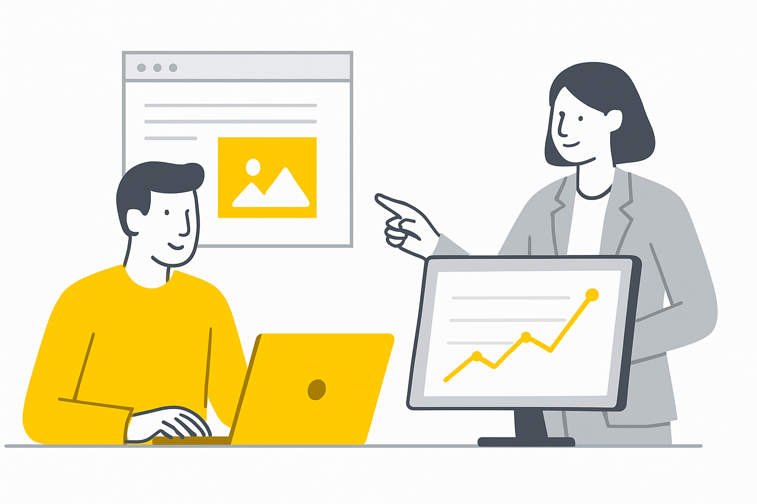 a marketer at a laptop watching an article go live inside a content management dashboard while a colleague points at a second monitor showing a rising traffic graph