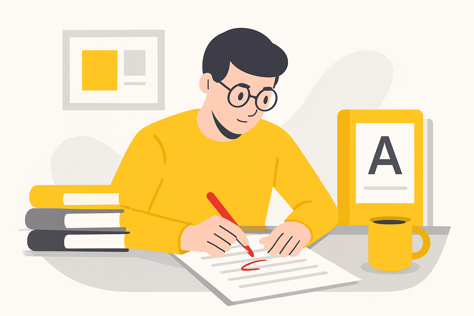 An editor with a red pen marking up a printed article draft at a desk, beside a stack of reference books and a highlighted style guide