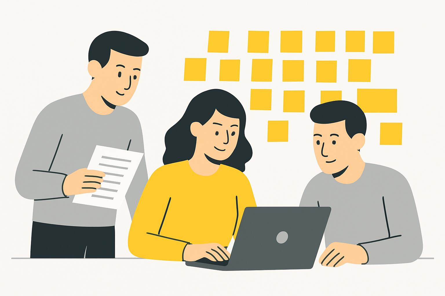 A small team gathered around a laptop and printed customer interview transcripts, sticky notes covering a wall behind them