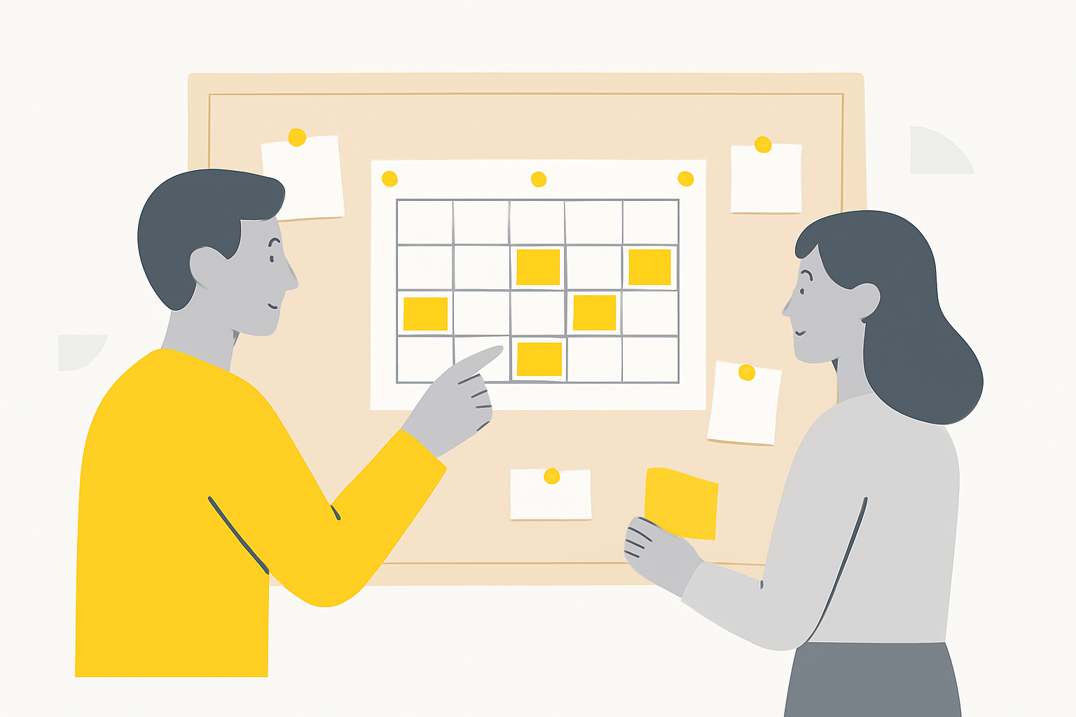 Two colleagues at a corkboard reviewing a printed weekly content calendar with pins and handwritten notes