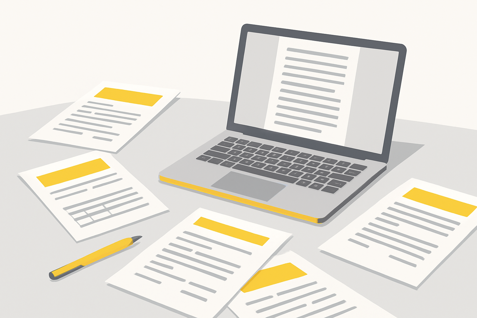 A desk covered in printed invoices and a laptop showing a long list of unedited article drafts waiting to be cleaned up