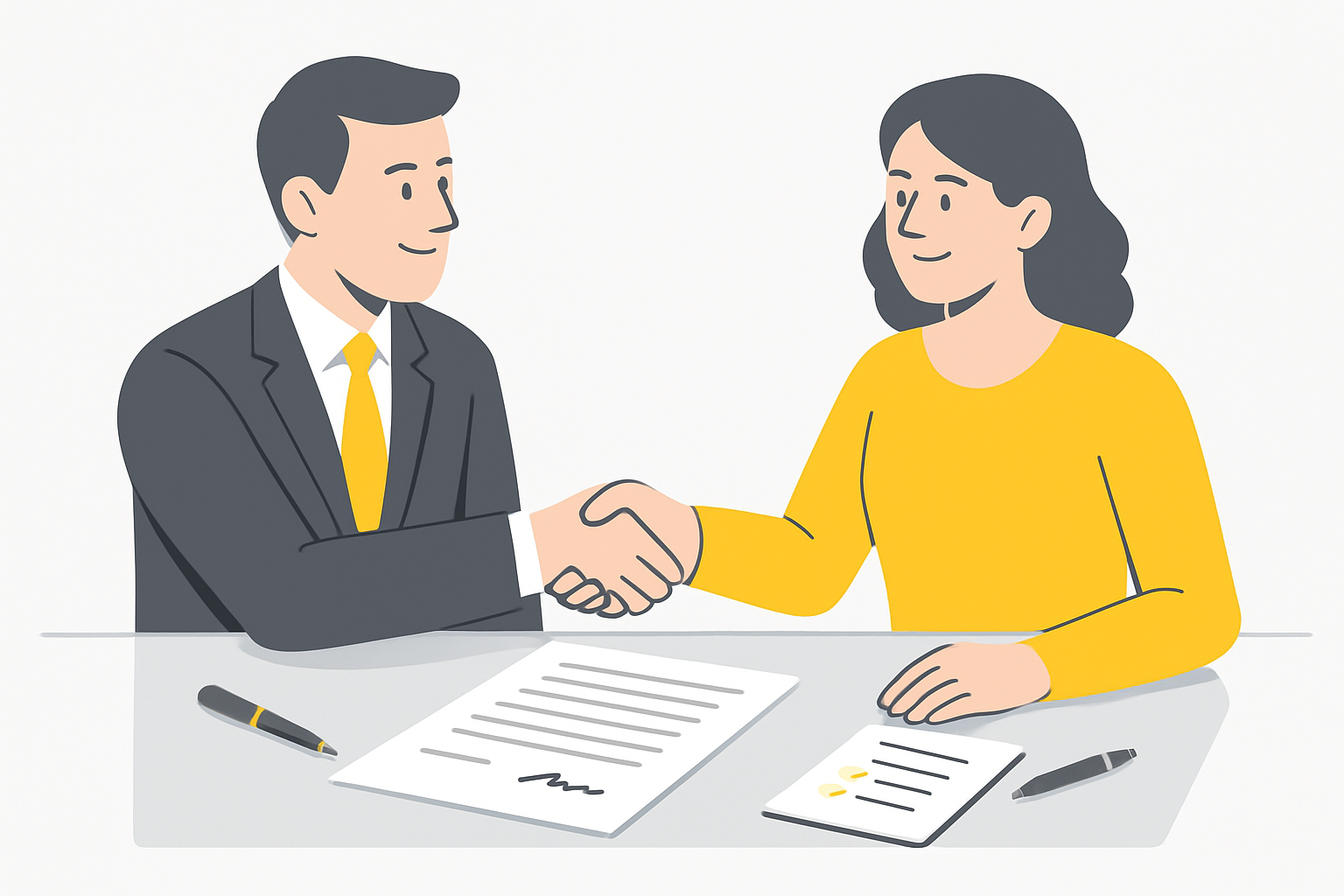 A lawyer and a marketing director shaking hands over a printed contract on a glass desk, with pens and a notepad showing a checklist.
