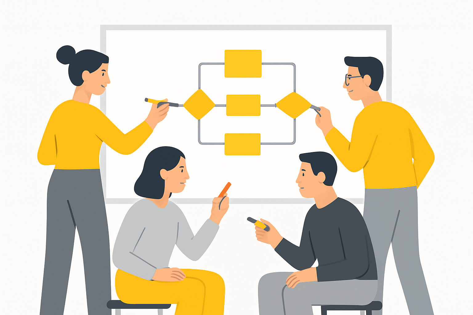 A small cross-functional team sketching a six-step flow on a whiteboard with colored markers
