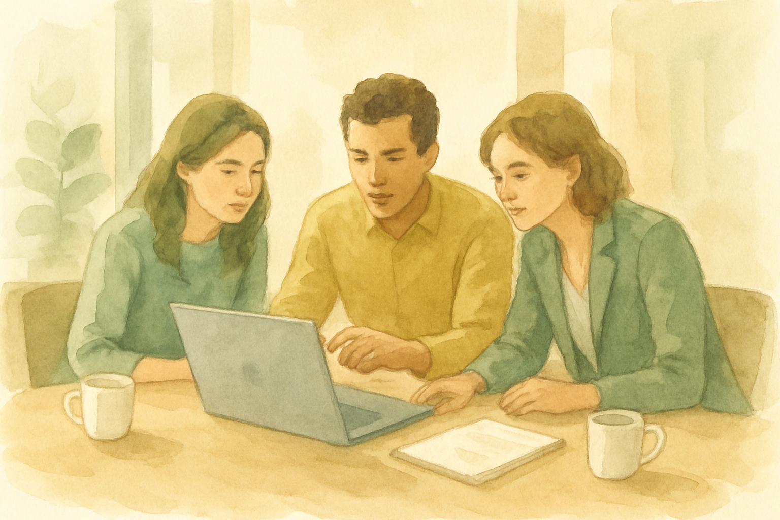 A small team gathered around a laptop in a bright office, one person pointing at the screen while two colleagues lean in, coffee cups and a notepad scattered across the table