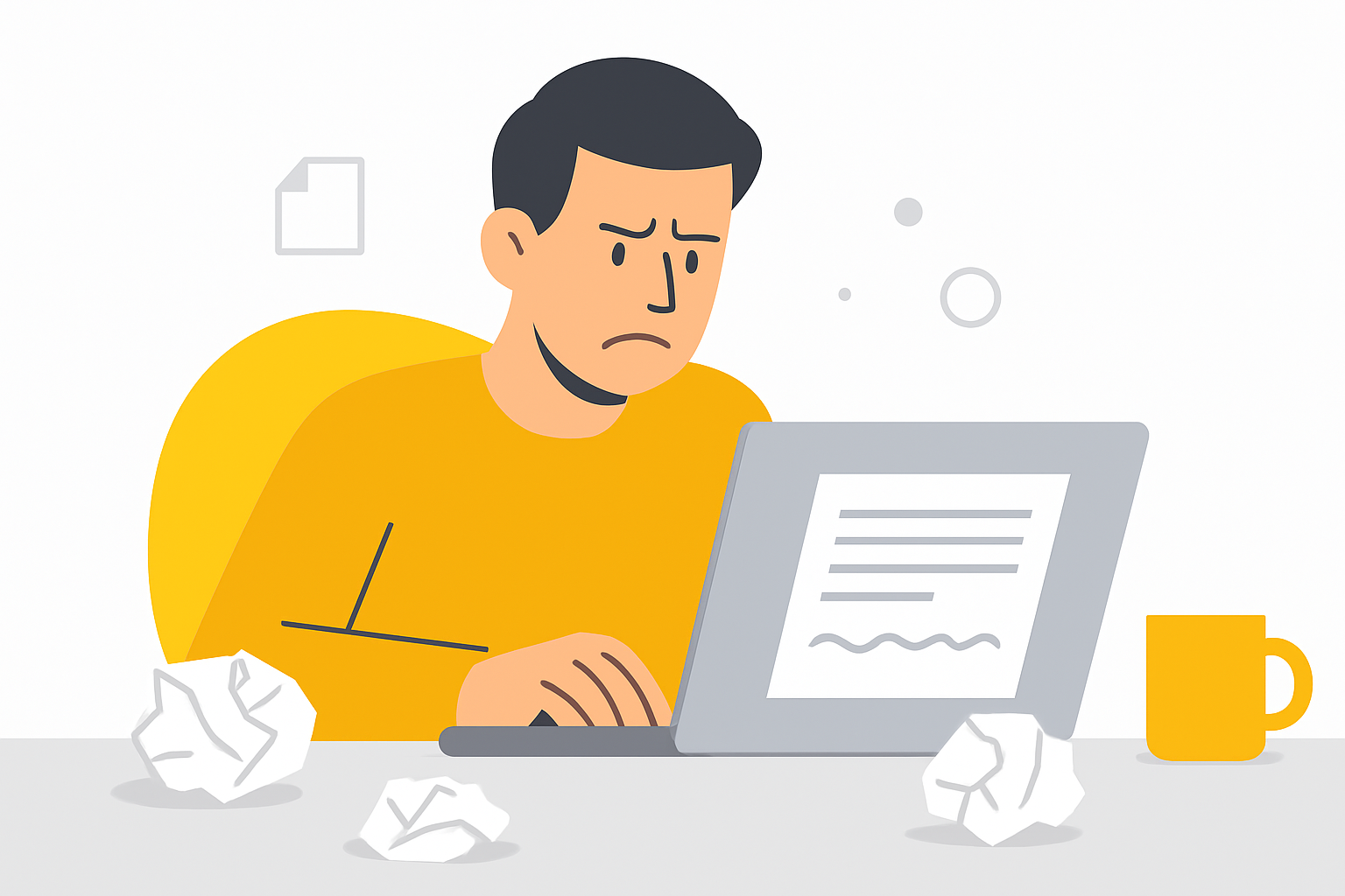 A marketing manager frowning at a laptop screen showing a poorly written article draft, with crumpled papers and an empty coffee mug on a messy desk.