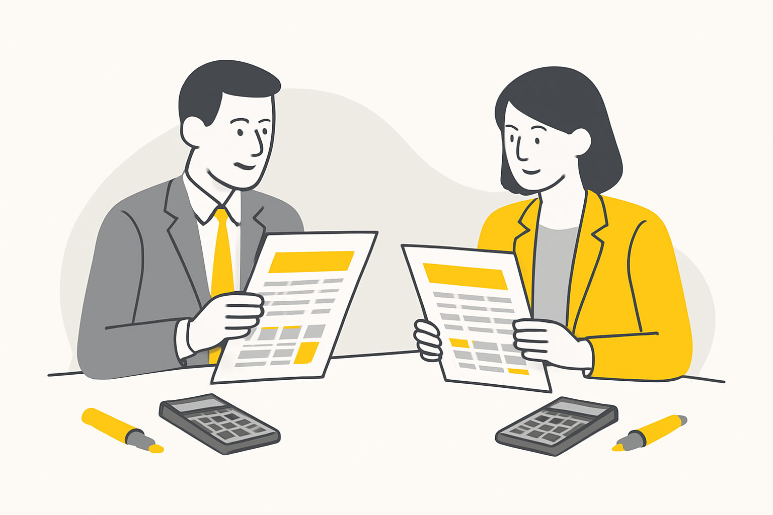 Two finance professionals comparing printed price sheets side-by-side at a bright conference table, with calculators and highlighters within reach.