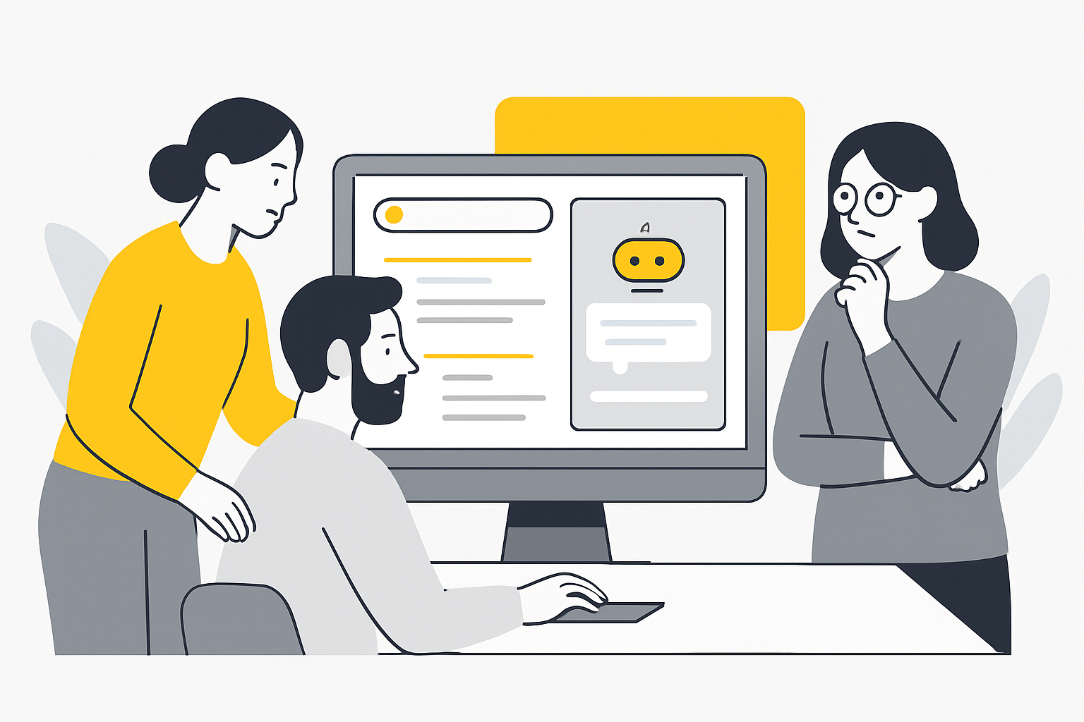 a small editorial team gathered around a monitor comparing a traditional search results page with an AI chat answer box