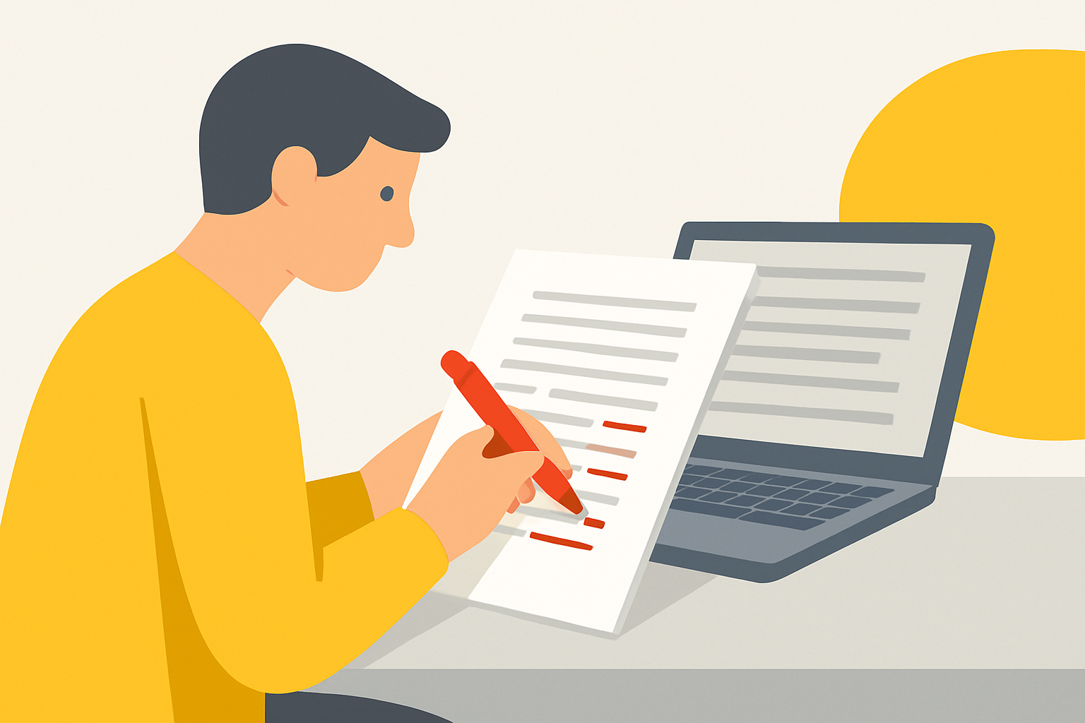 An editor marking up a printed draft with red pen while a laptop displays generic auto-generated text in the background