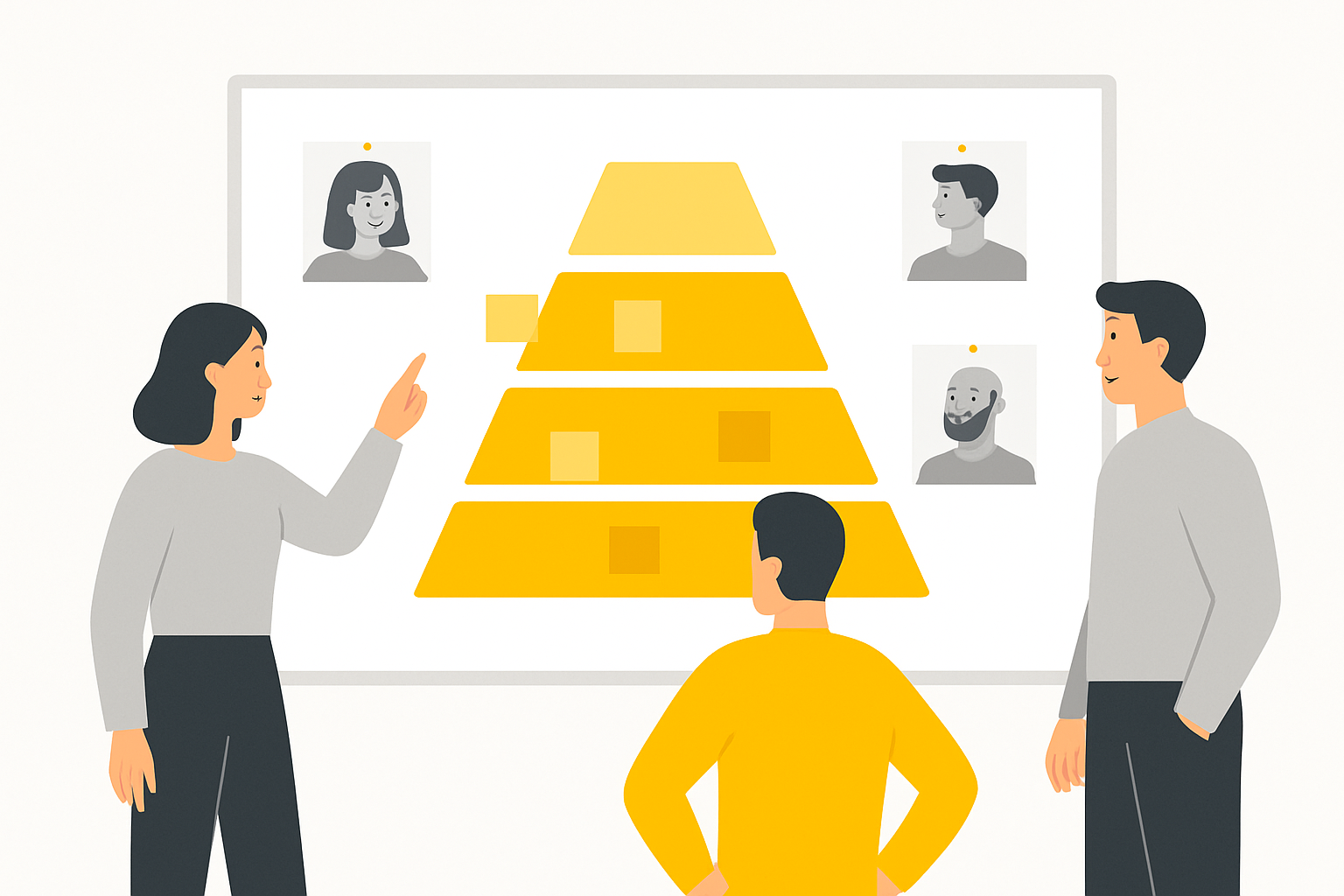 a small team stands around a whiteboard mapping four stacked tiers labeled with sticky notes, photographs of buyer personas pinned around the edges