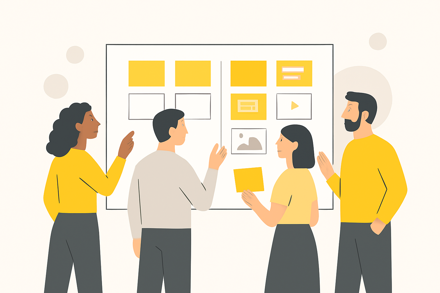 a small team gathered around a whiteboard sorting index cards labeled with content types into two columns