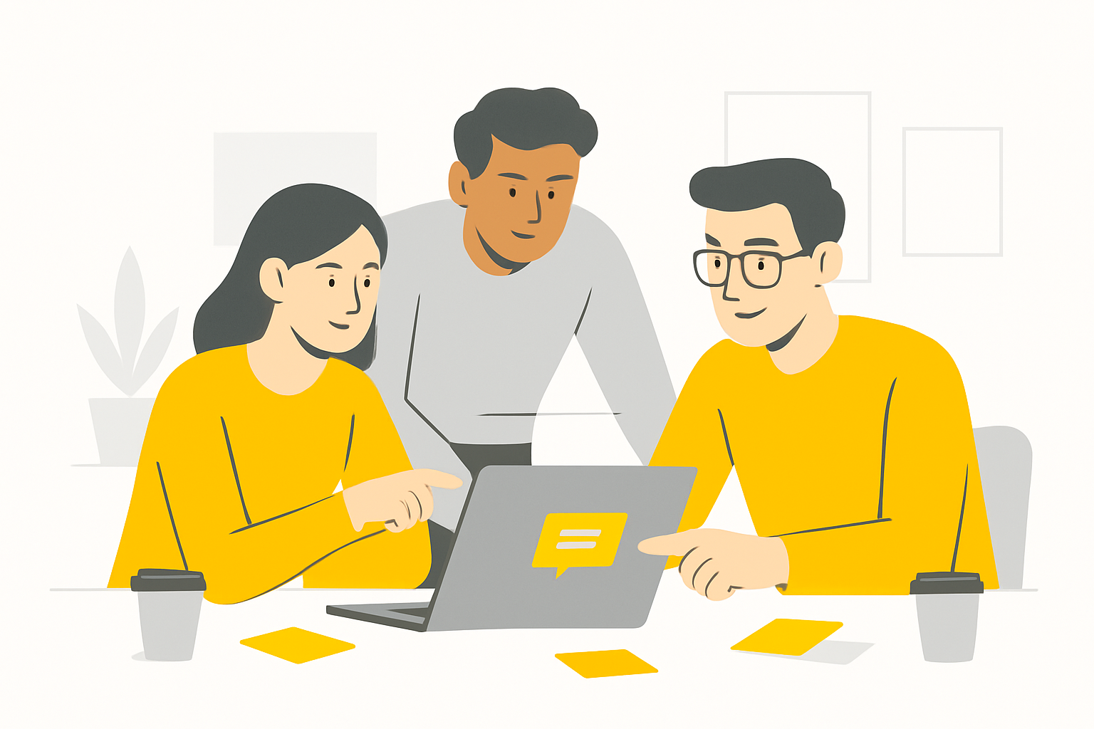 A small team gathered around a laptop in a bright office, pointing at a chat window on the screen, with sticky notes and coffee cups scattered across the desk