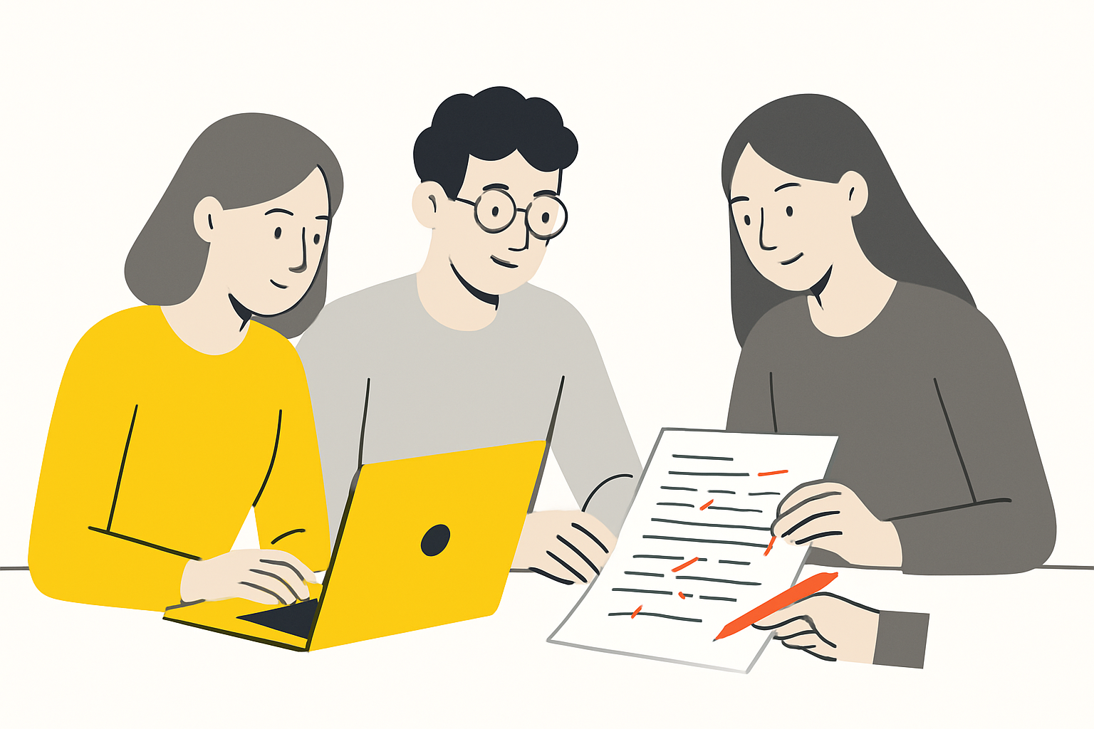 A small product team gathered around a laptop reviewing a printed document covered in handwritten edit marks