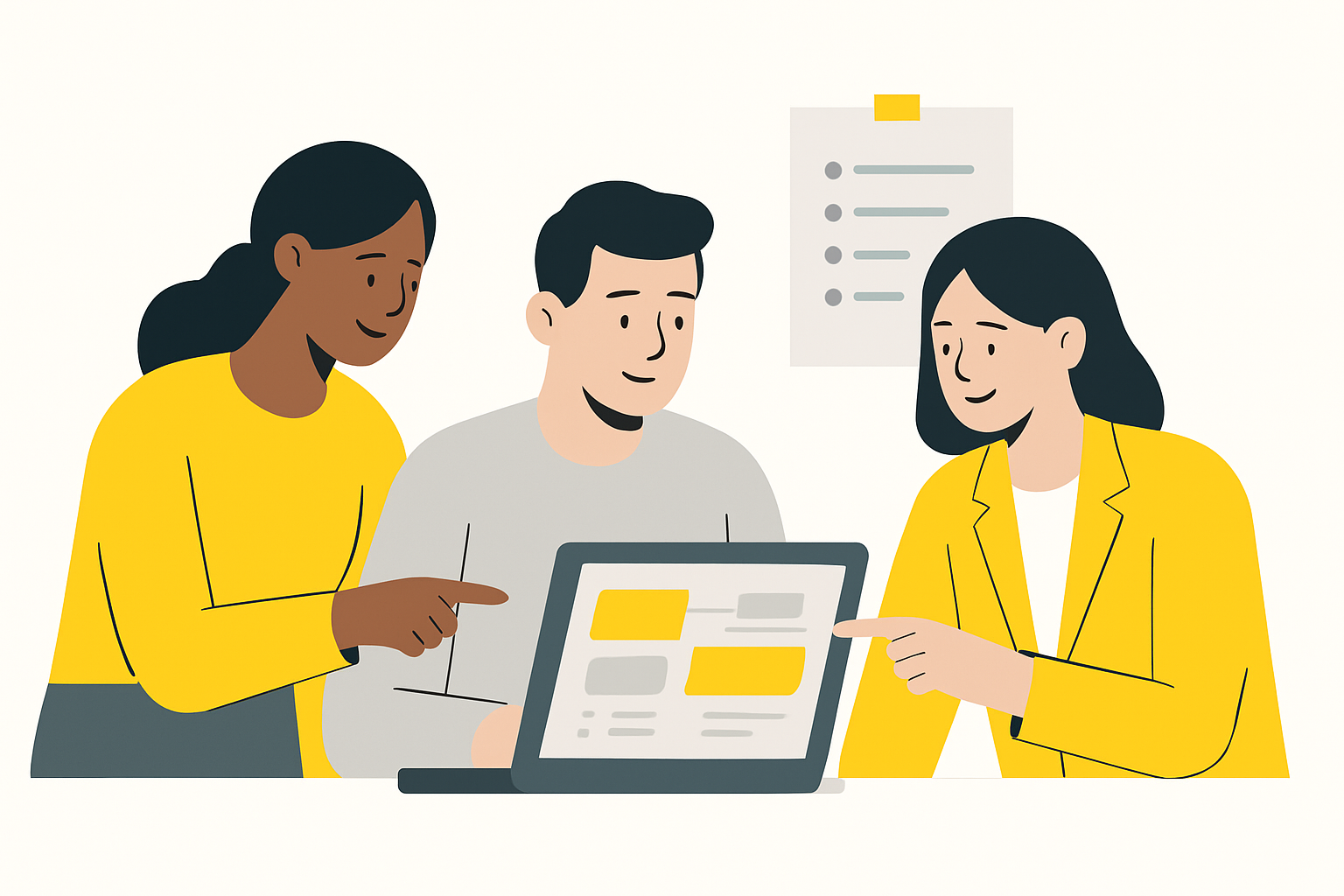 A small marketing team gathered around a laptop, pointing at a screen showing several chat windows and a printed list of buyer questions taped to the wall behind them
