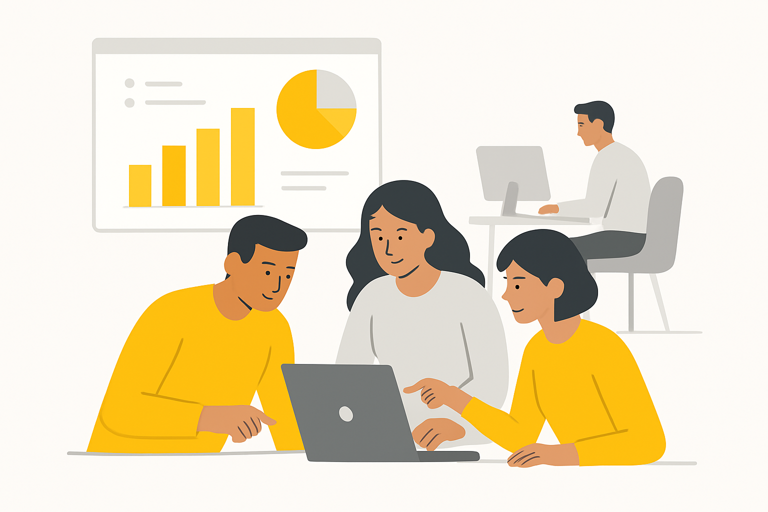 A small marketing team gathered around a laptop, pointing at a dashboard while a developer works at a separate desk in the background