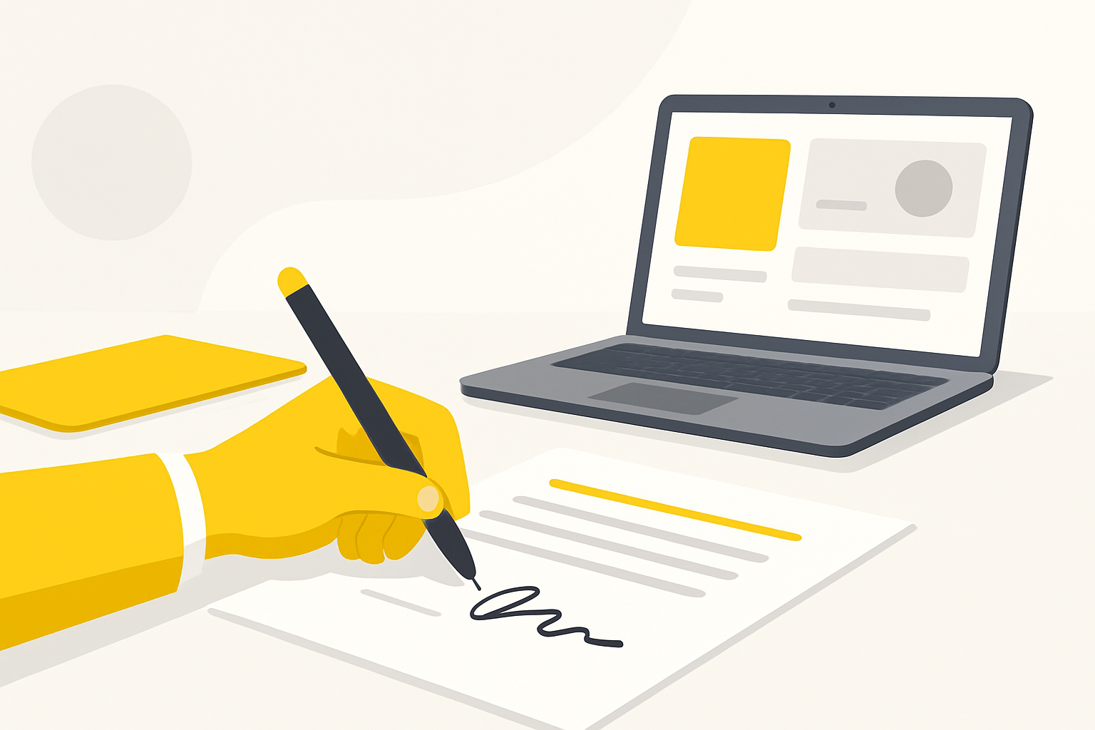 A hand signing a printed contract at a desk, a laptop open beside it showing a simple dashboard
