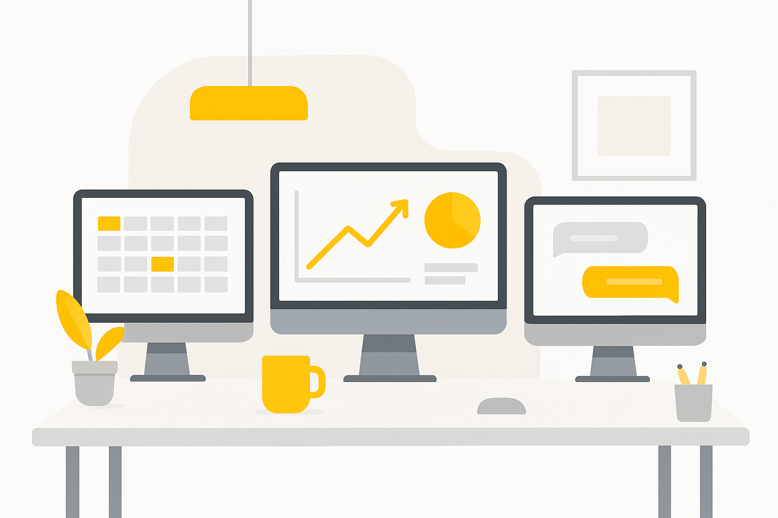 A split desk scene showing one monitor with a content calendar, another with a revenue dashboard, and a third with a chat interface glowing softly