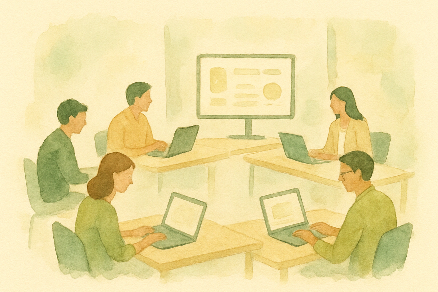 Five professionals at separate desks in the same open workspace, each on their own laptop, with one shared screen visible in the middle of the room showing a simple dashboard