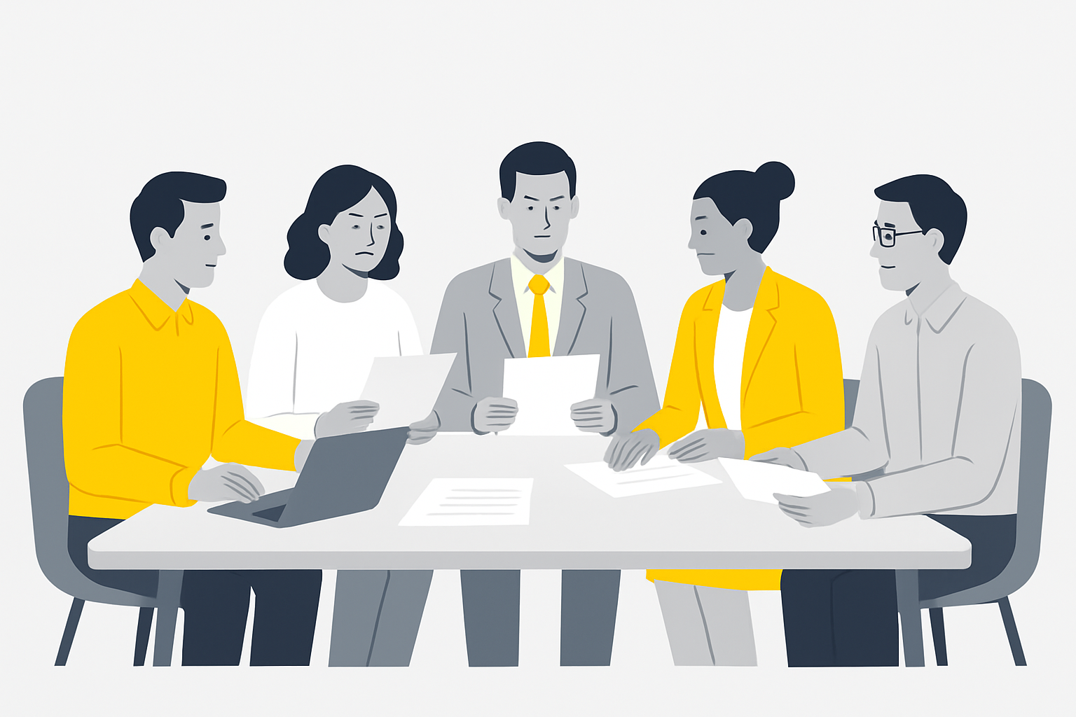 Five professionals from different departments sitting around a conference table comparing printouts