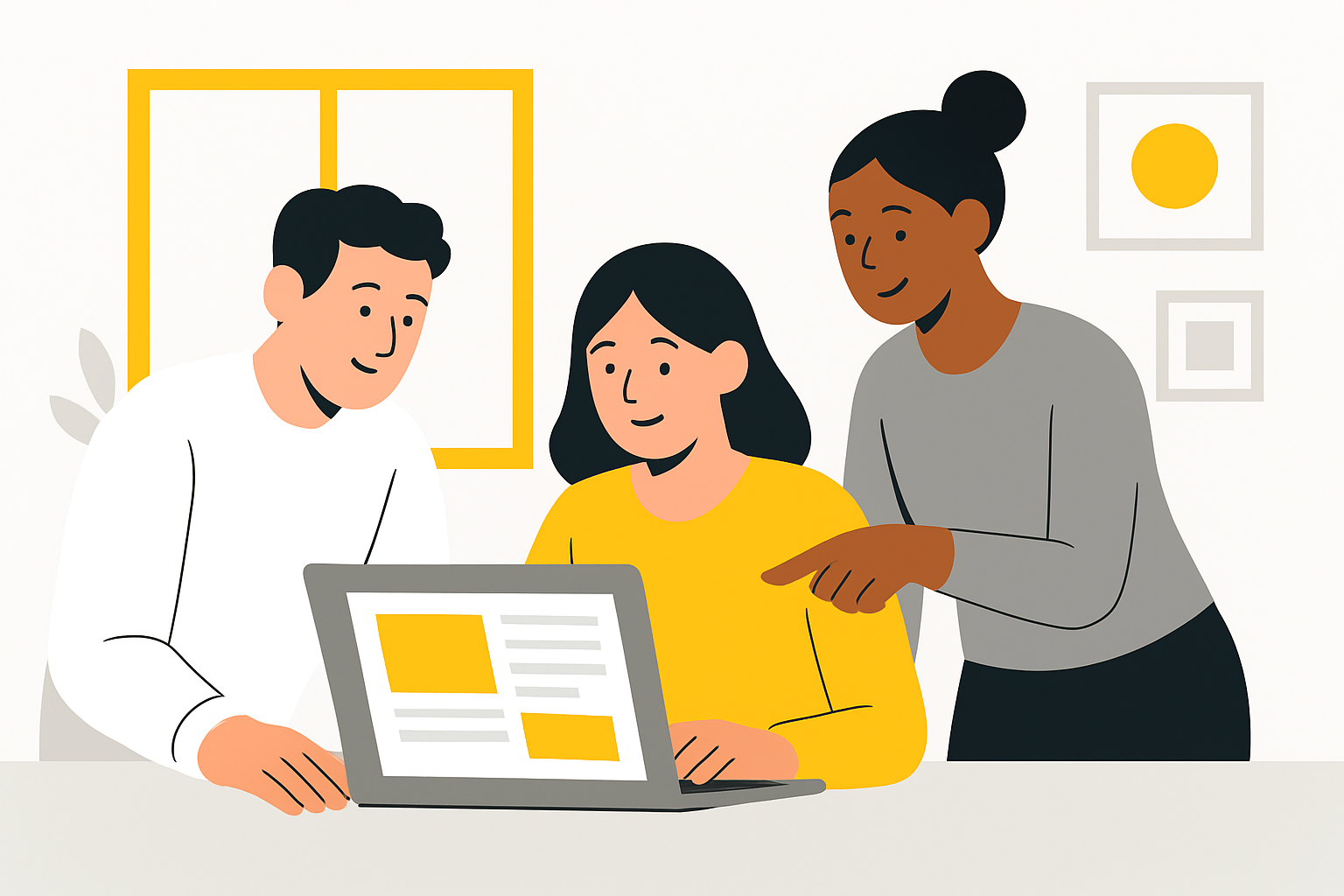 A small team of three people gathered around a laptop in a bright office, pointing at a published article on screen