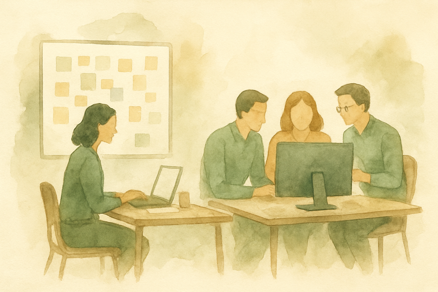 Two desks in the same open office, one with a single marketer surrounded by sticky notes and a whiteboard, the other with three people collaborating around a shared screen