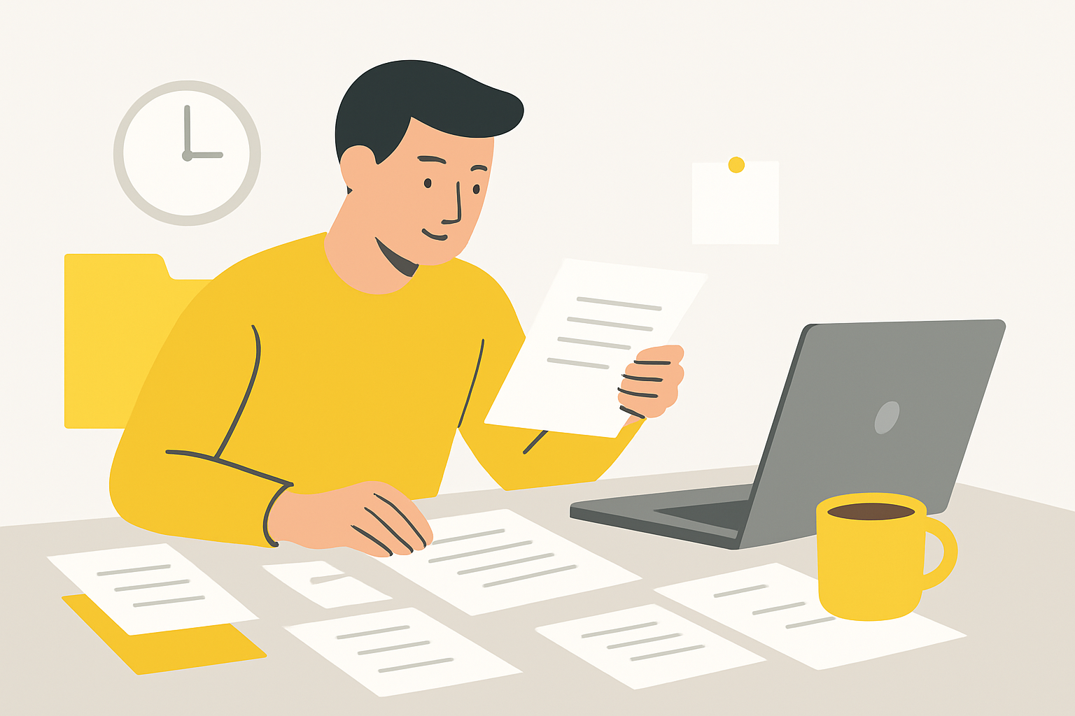 A person at a cluttered desk reviewing paper invoices next to a laptop and a half-finished coffee