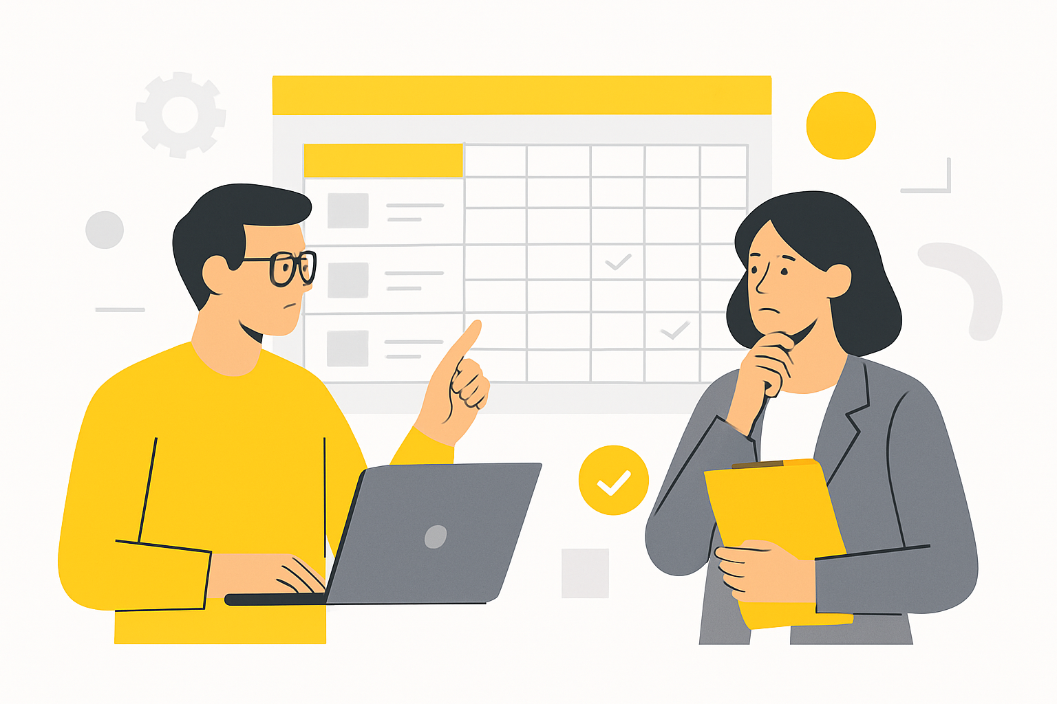 A software engineer and content lead inspecting a spreadsheet of page templates and data variables before approving a batch publish