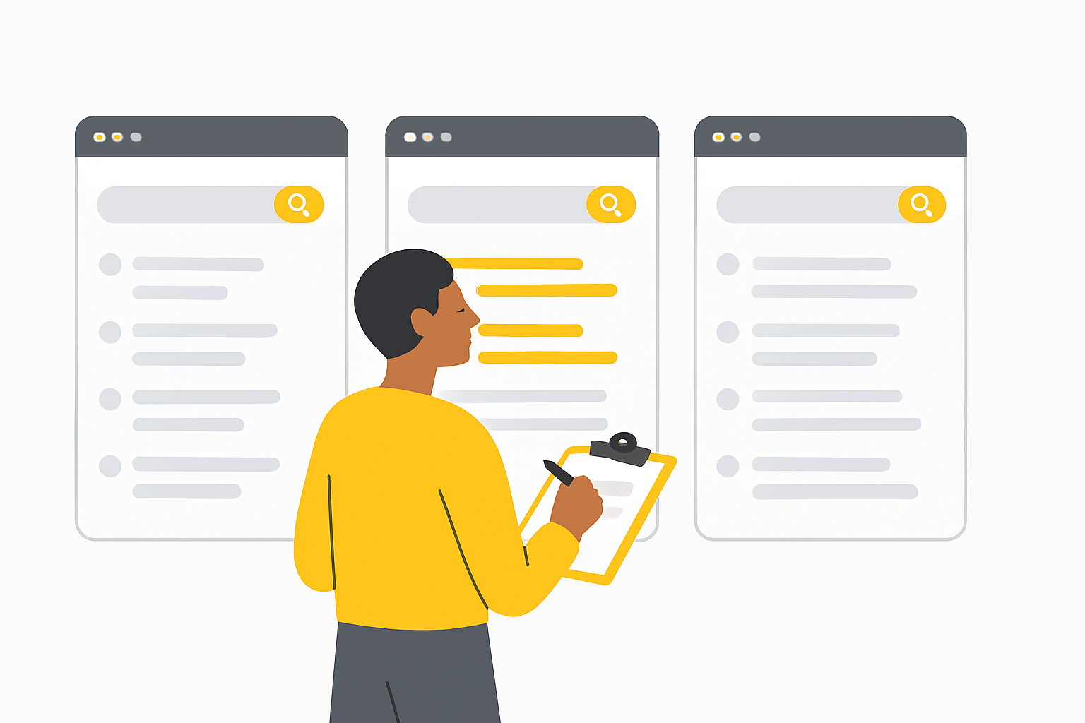 A person standing before three separate screens showing different search results pages, comparing rankings side by side while taking notes on a clipboard