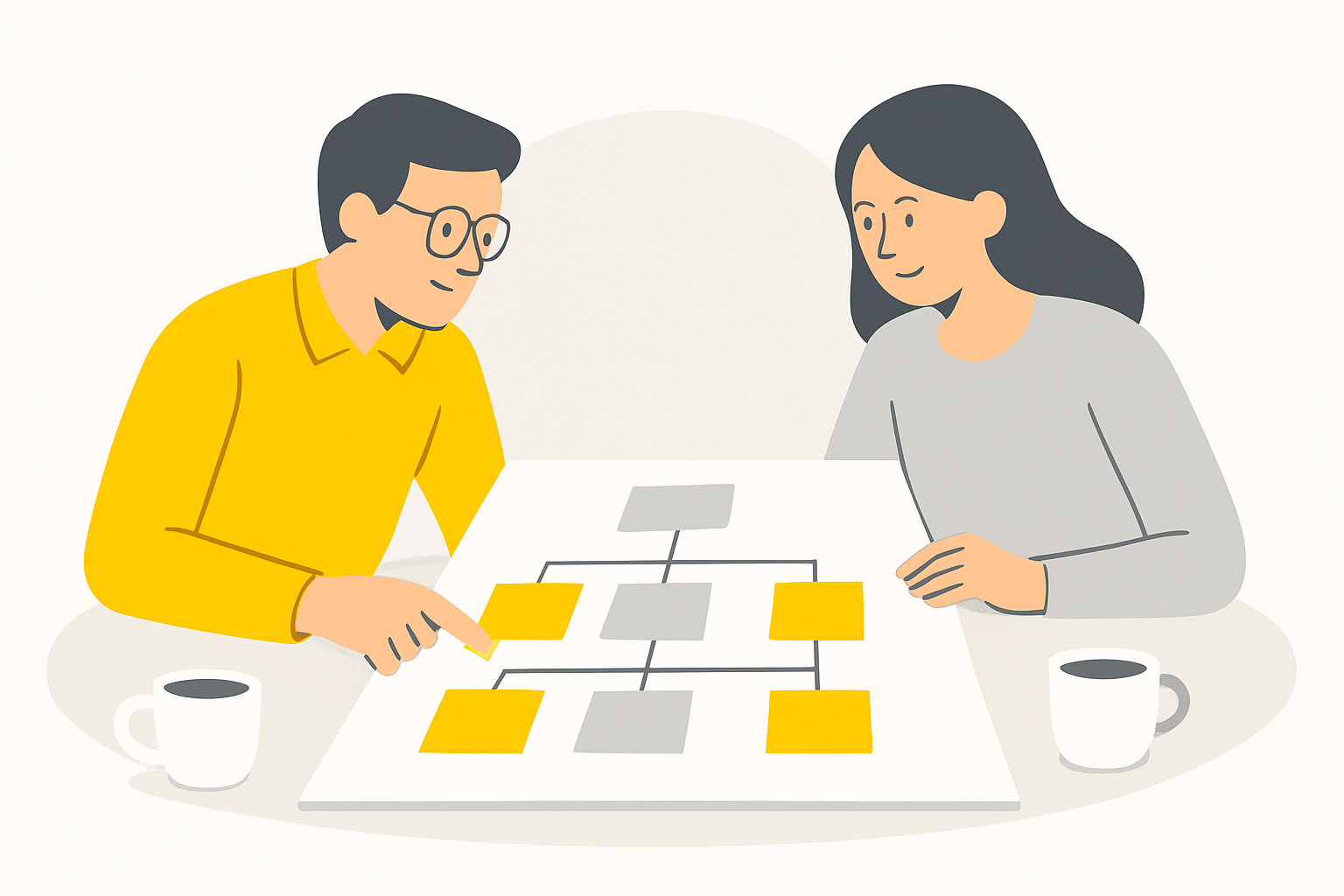 Two people reviewing a printed org chart with sticky notes marking who owns which task, coffee cups nearby