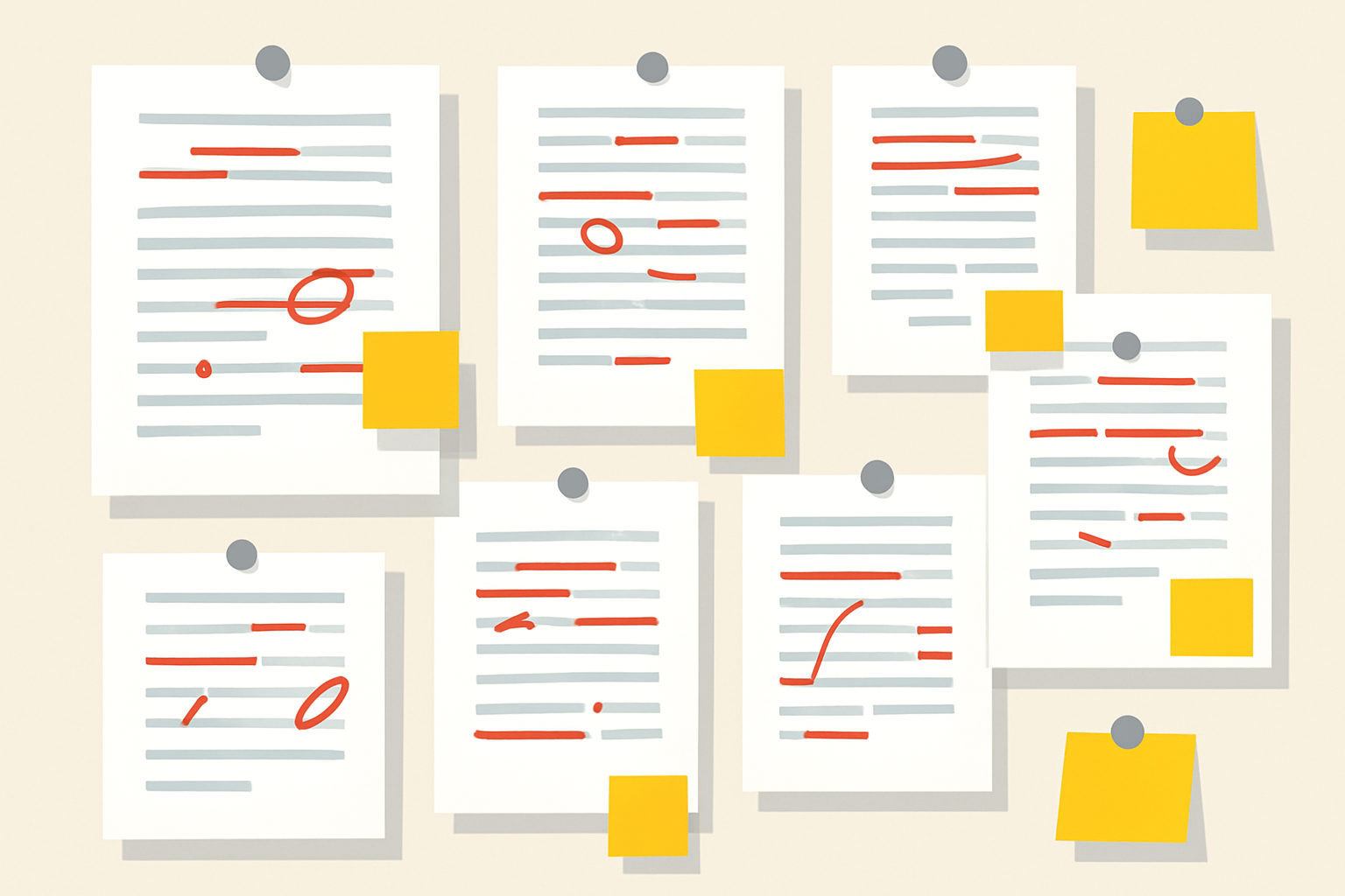 an office wall covered in printed article drafts, each with red-pen edits and small sticky flags marking fact-check notes