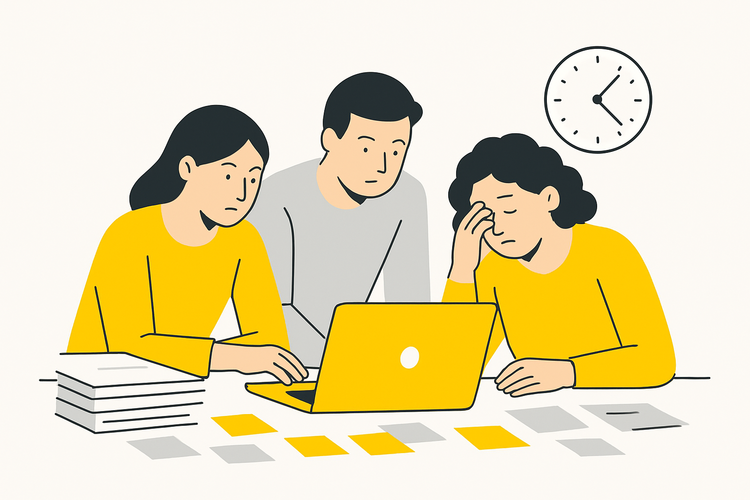A small content team huddled around a laptop late at night, stacks of printed drafts and sticky notes covering the table, one person rubbing tired eyes while a wall clock reads past nine