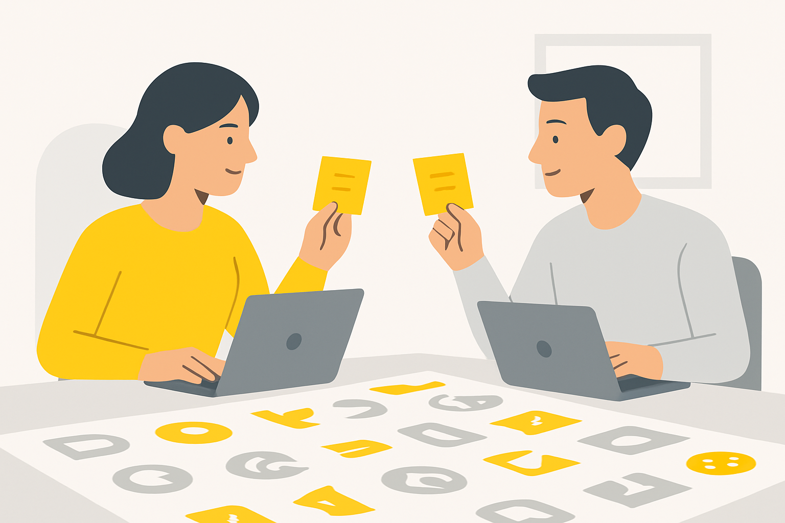 a conference table covered with printed agency logos, laptops open, two colleagues comparing sticky-note scorecards side by side