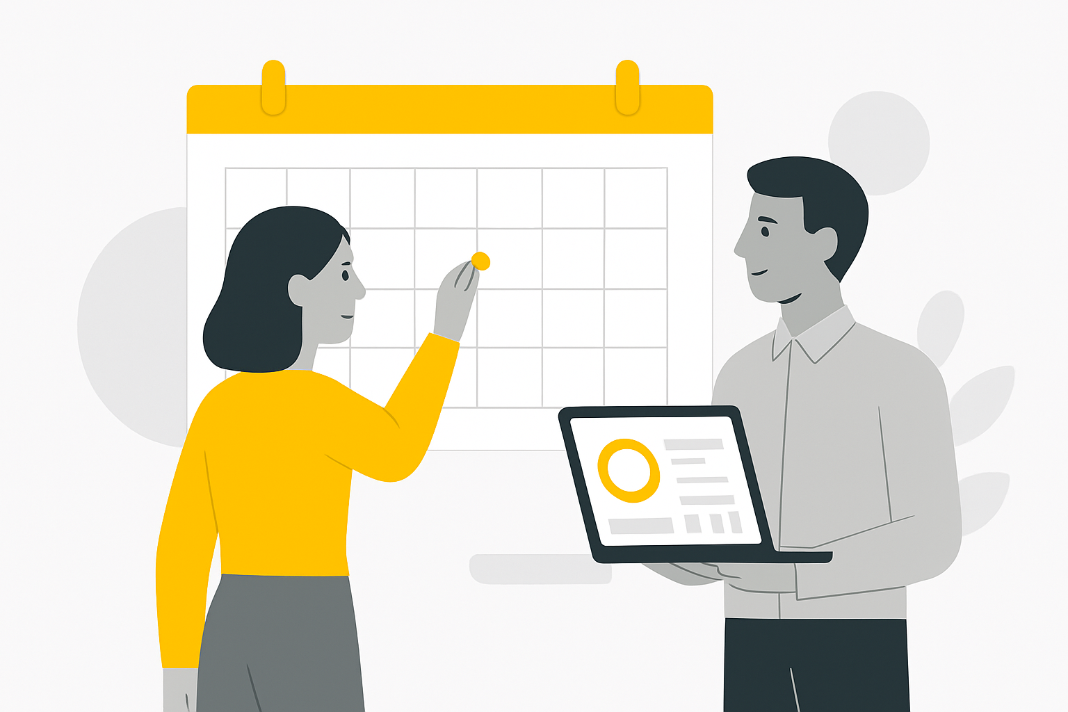 Two colleagues standing at a wall calendar with blank weekly squares, one placing a pin on a date while the other holds a laptop open to a dashboard-style screen