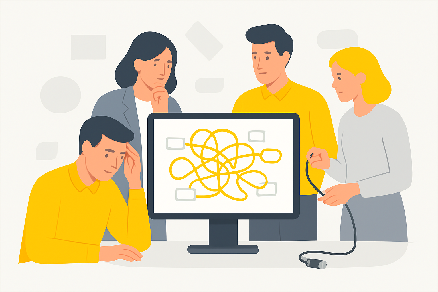 A marketing team huddled around a monitor showing a tangled integration flowchart, one person rubbing their temples while another holds a loose cable